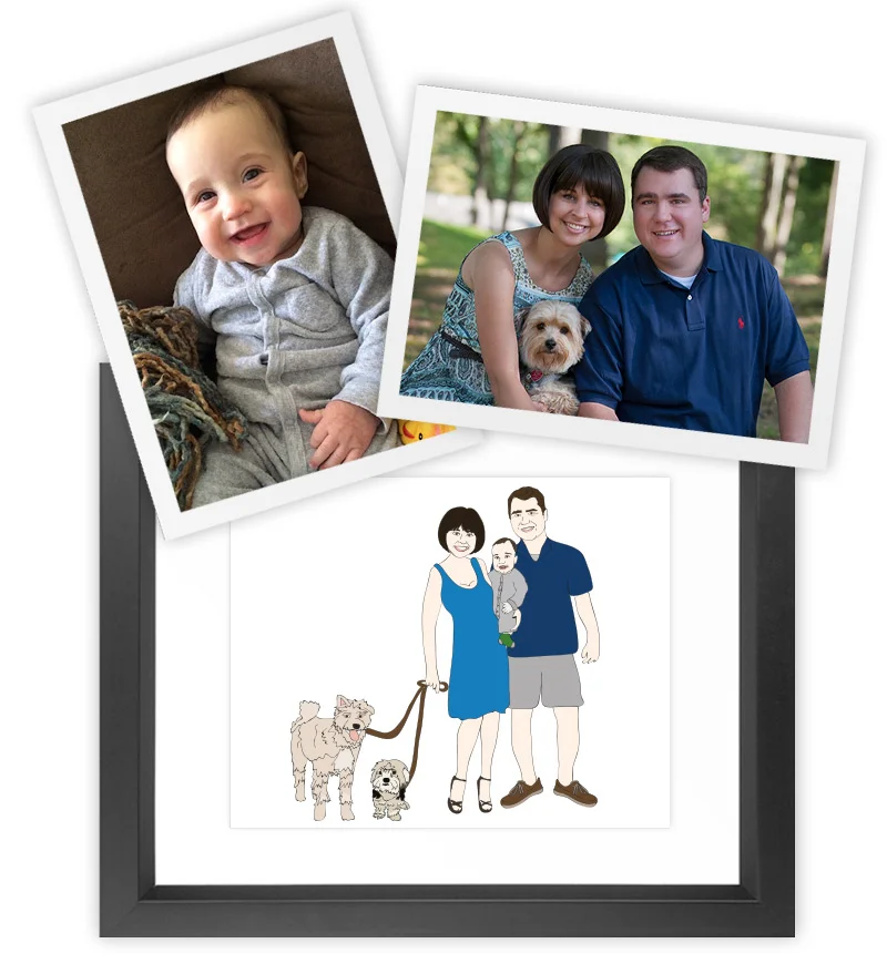 Mother's Day gift for Rachel, commissioned by husband, Kevin. He wanted an illustration of the entire family, including their dogs
