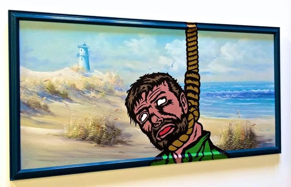 "Last I heard he was in Cape Cod" Acrylic & spray paint on found/vintage painting/frame. 50"x25"