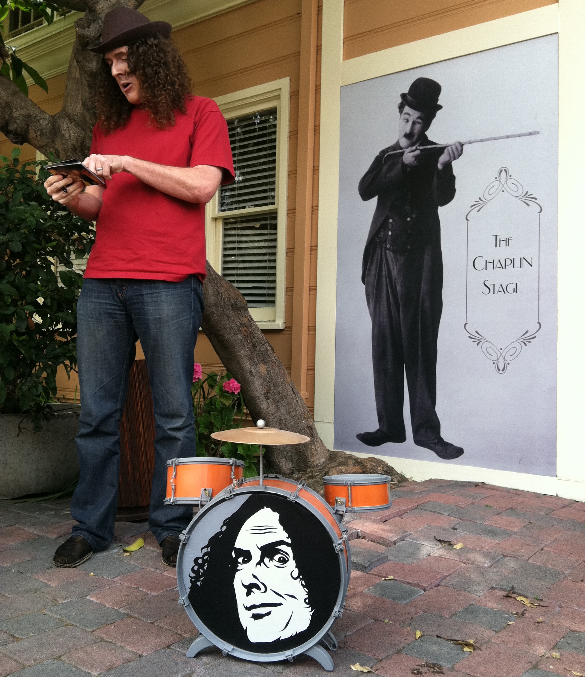 Weid Al Yankovic w/ custom drumset made/painted for a video of his.