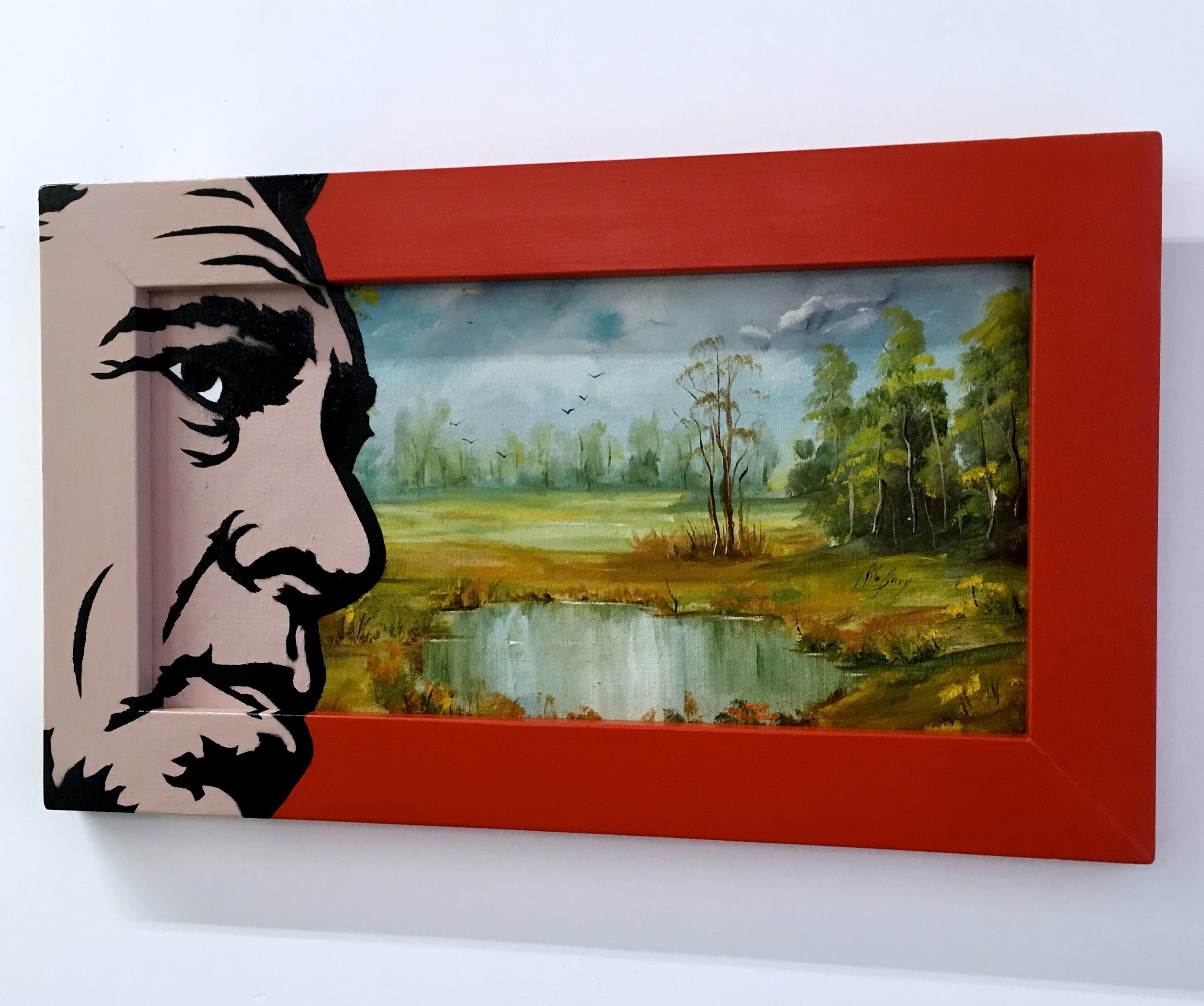 "At war with nature" Acrylic & spray paint on found/vintage painting/frame.