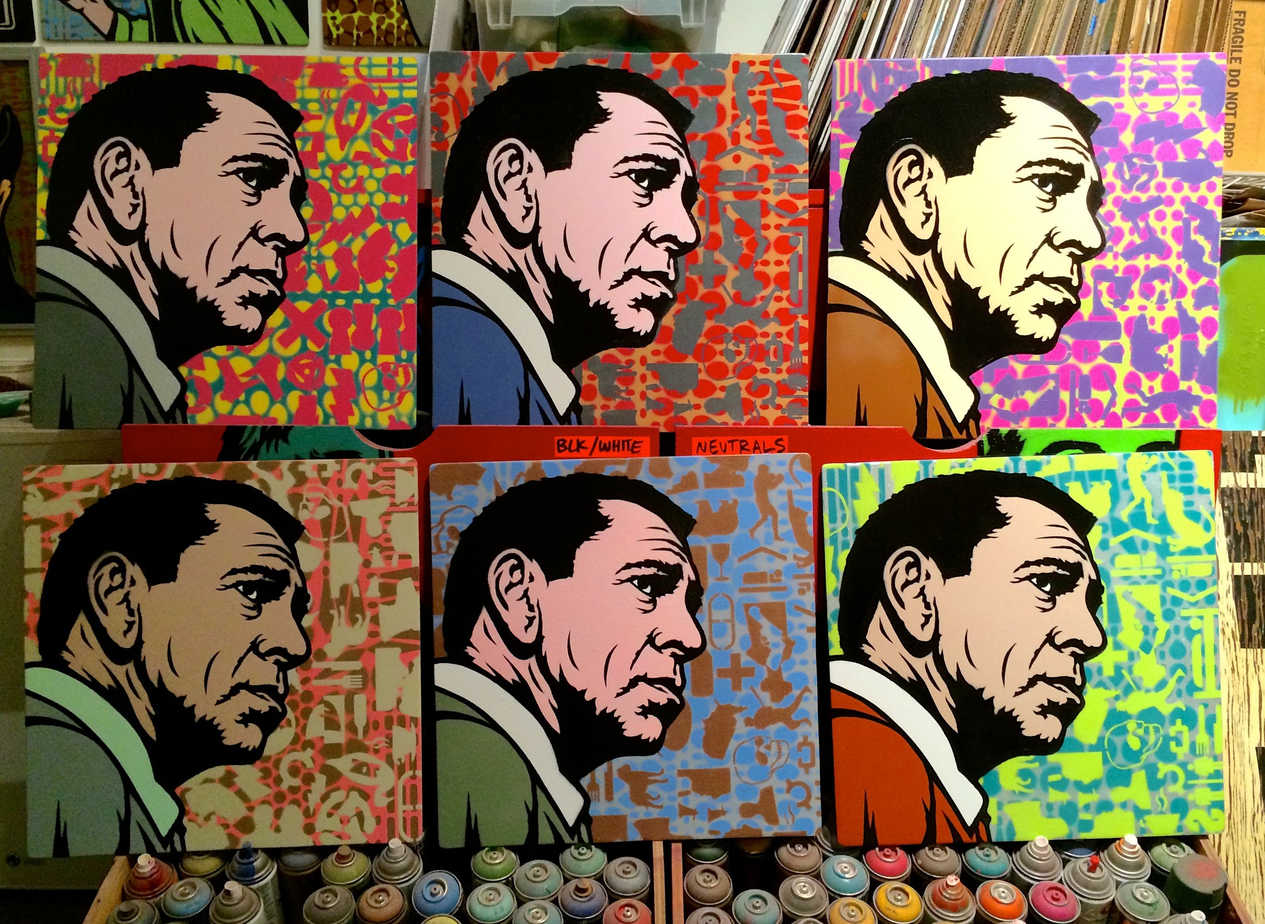 "Jack Webb" (or "Never Trust a Hippie") Spray paint/stencil on wood panel, 20"x20" Edition of 6
