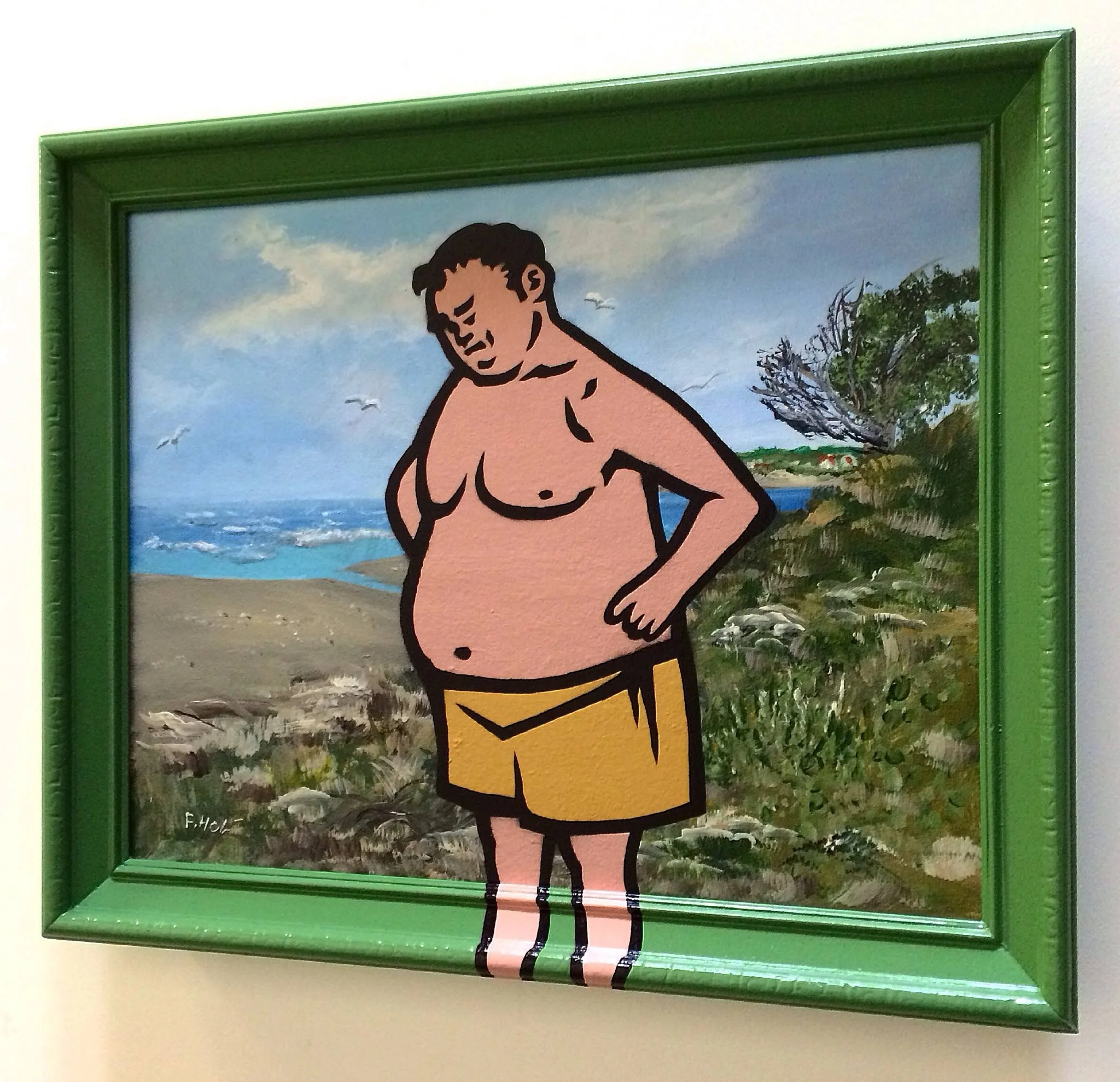 "What's so great about this place?" Acrylic & spray paint on found/vintage painting/frame.