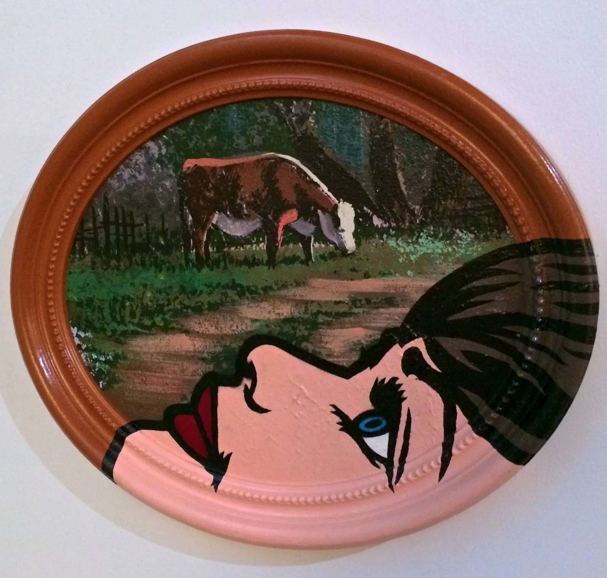 "Milk" Acrylic & spray paint on found/vintage painting/frame. 14"x17" round.