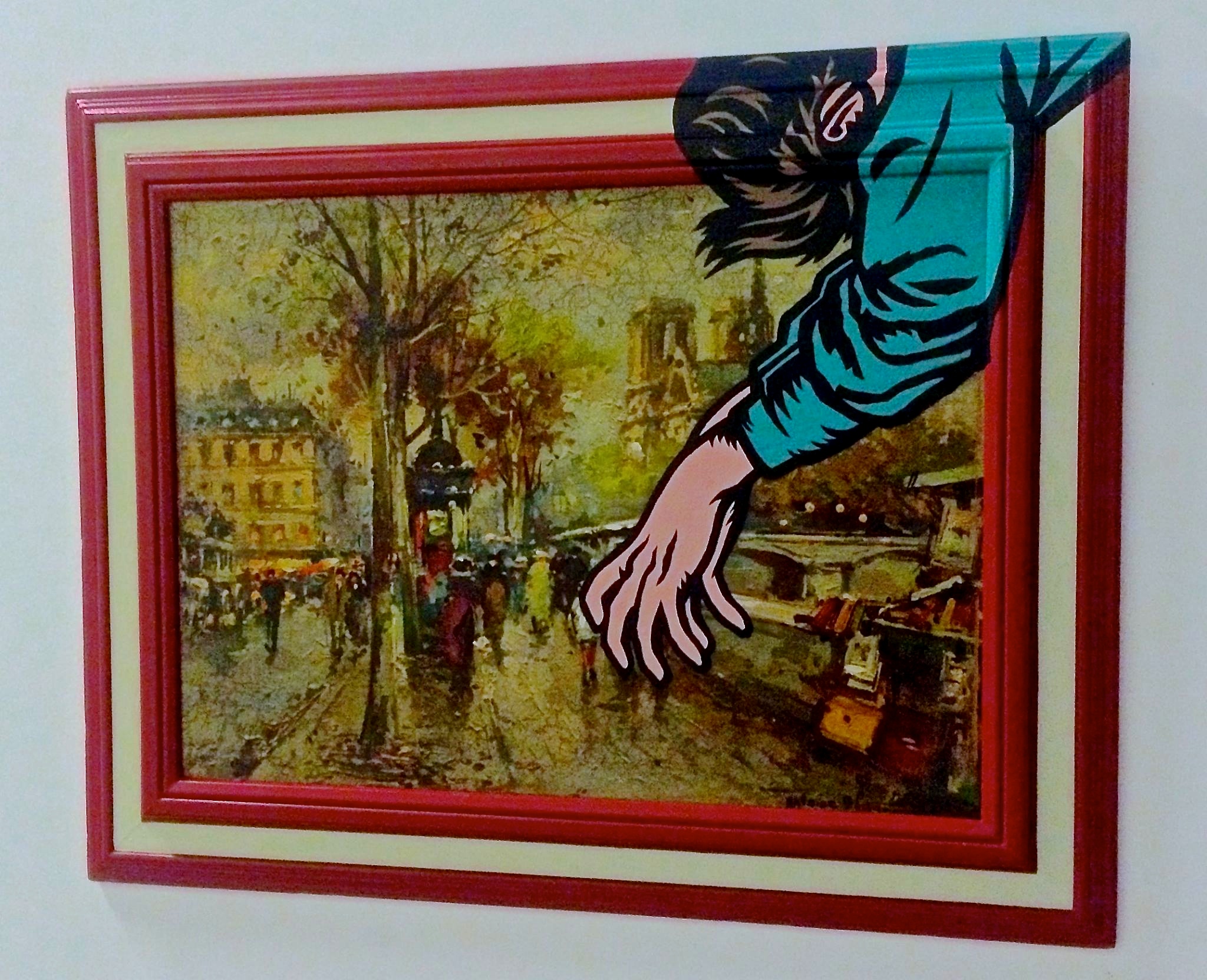 Keep your travel stories to a minimum" Acrylic & spray paint on found/vintage painting/frame.