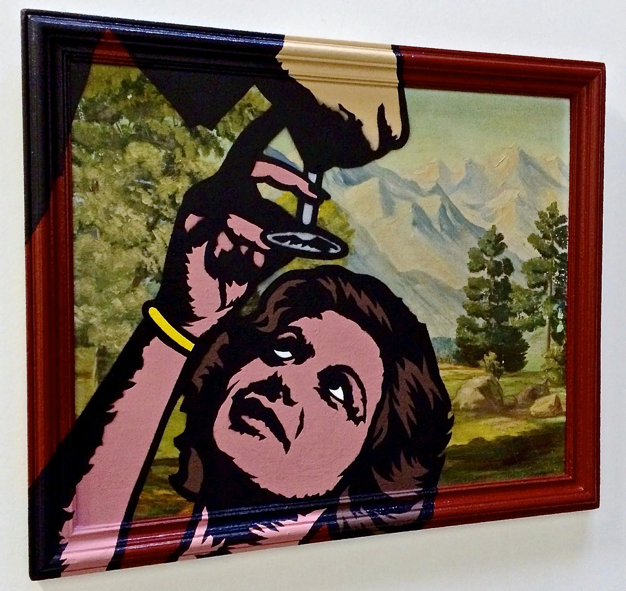 "One drink led to nine" Acrylic & spray paint on found/vintage painting/frame. 19"x23"