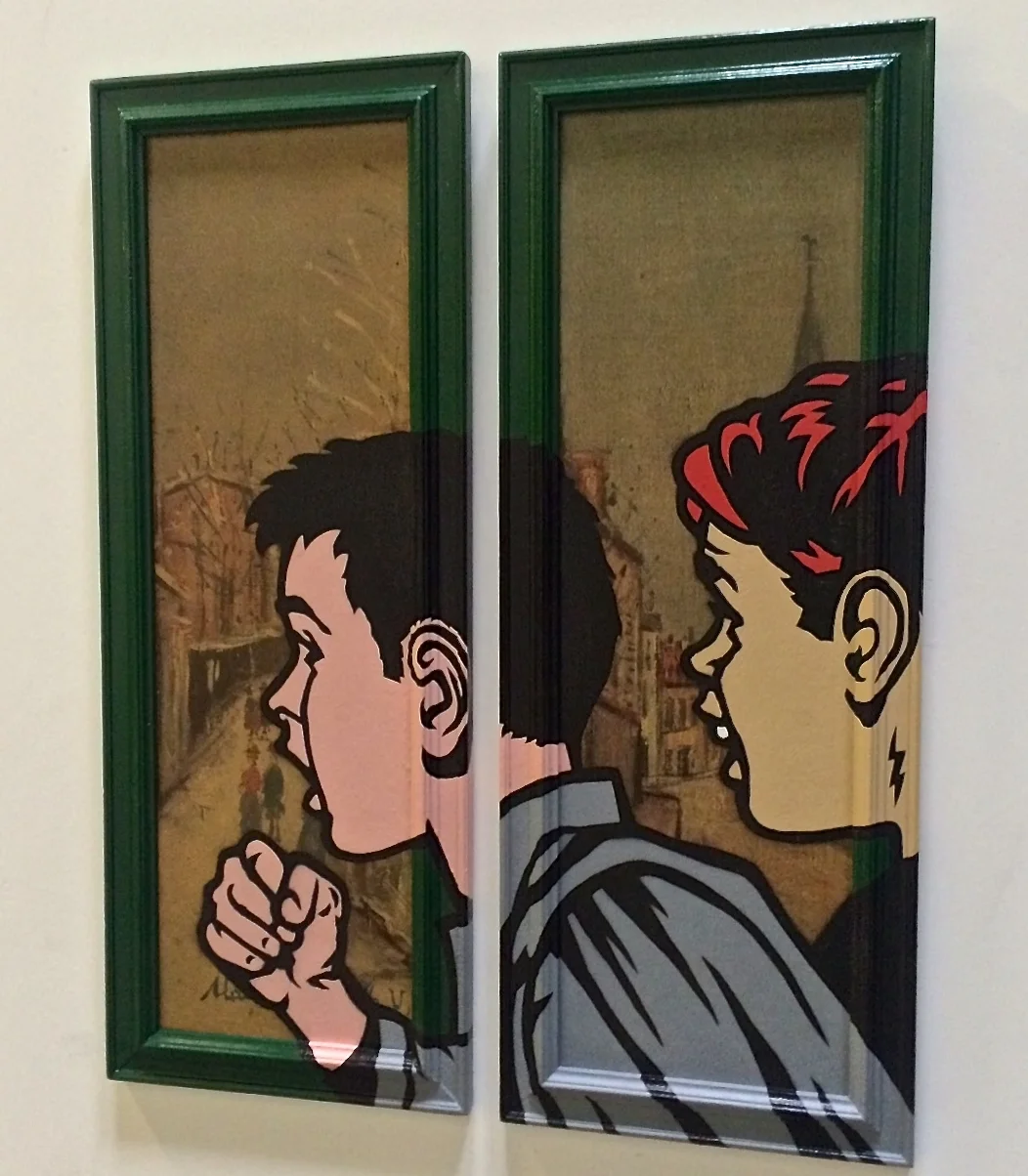 "We hated France!" Acrylic & spray paint on found/vintage prints/frames