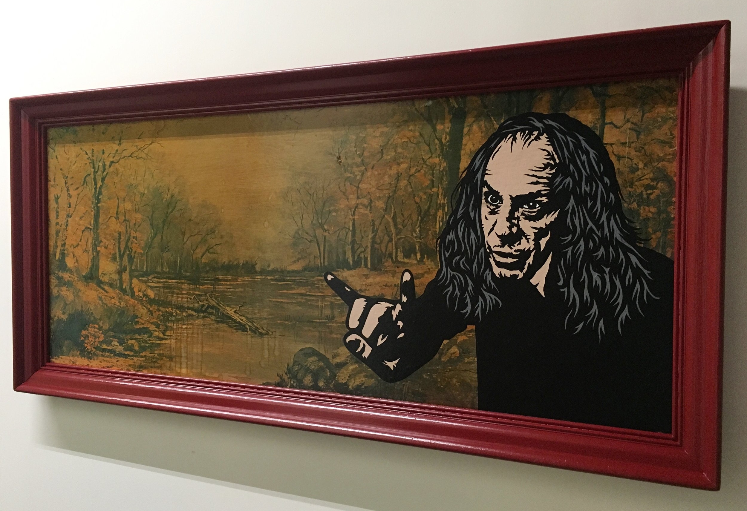 "Do your demons ever let you go?" (Ronnie James Dio) Acrylic & spray paint on found/vintage painting/frame. 24"x52"