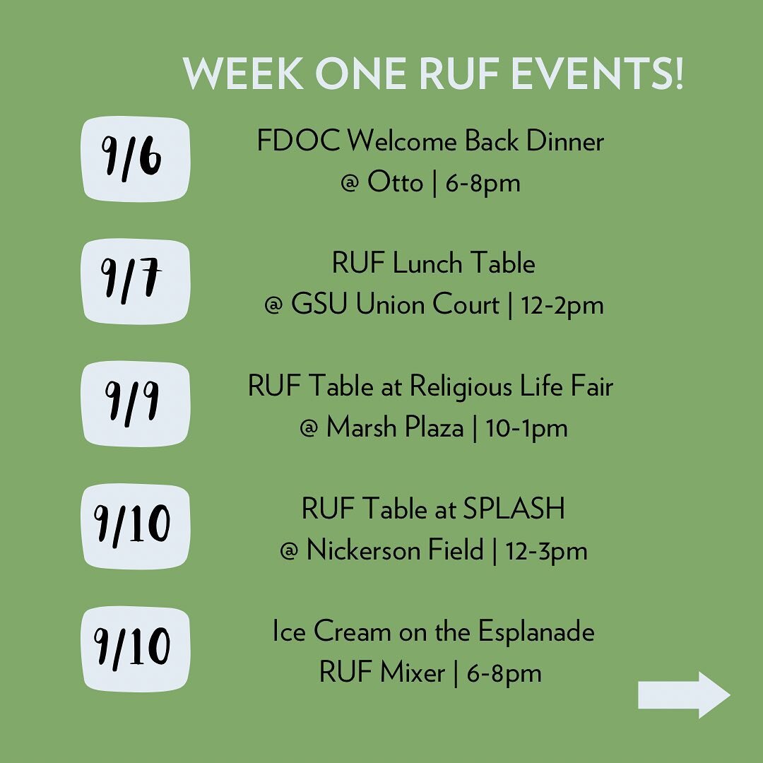 Happy first day of class, BU!! 🎉 Check out our first events of the semester. Whether you&rsquo;re new to BU or to RUF, or you&rsquo;ve been around awhile, we would love to see you there. Weekly events start next week, 9/13. DM with questions!
.
.
#b