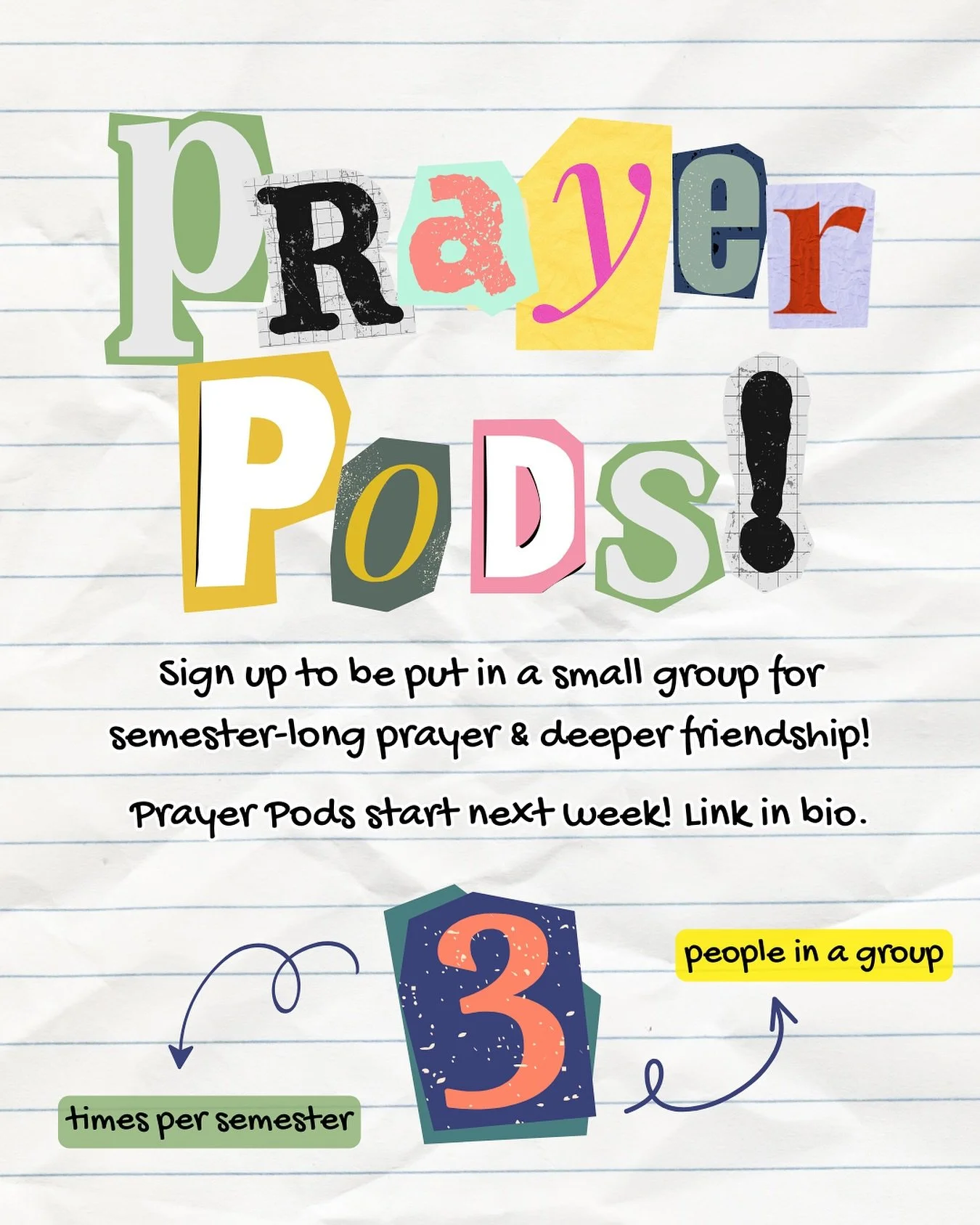 Have you been wanting to have deeper friendships on campus? Are you struggling to know how to pray? Do you want friends to pray with?

🙏 RUF is hosting prayer pods this semester - you plus two friends who will commit to meeting 3x this semester to r