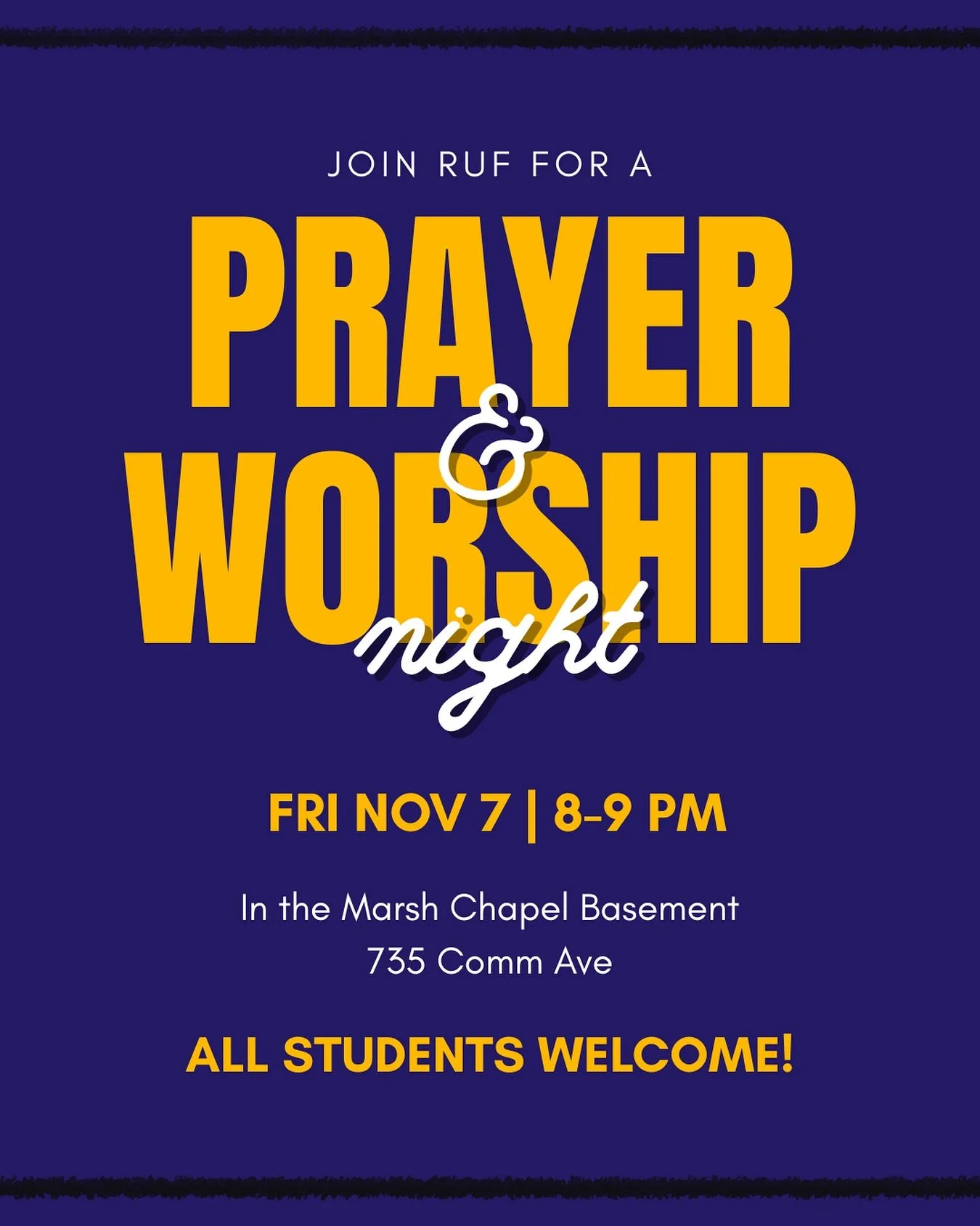 Join us tomorrow night for prayer and worship! Start your weekend off with some intentional time with the Lord and his people. Bring a friend 🤗

⏰ Time: 8-9pm
📍 Basement of Marsh Chapel