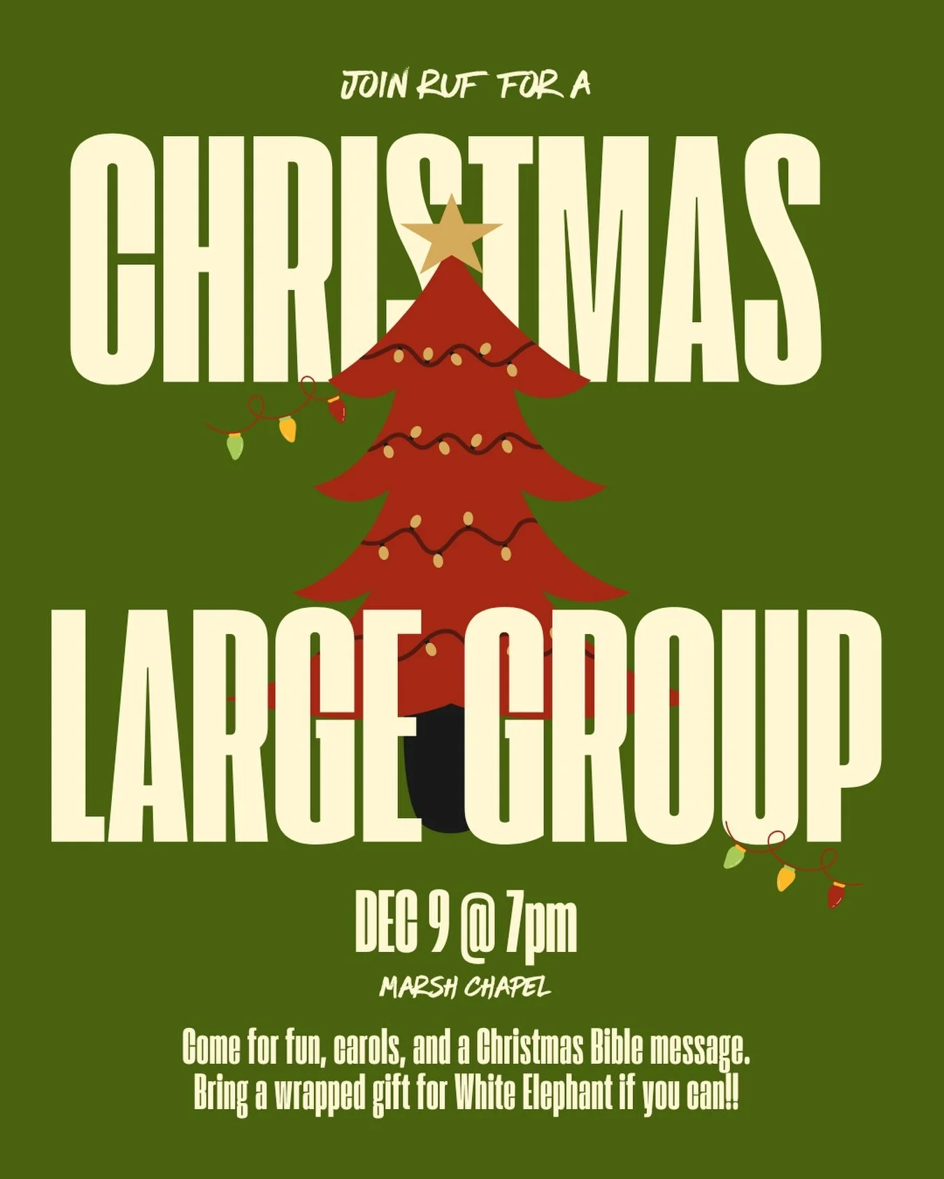 🚨 This Tuesday is the LAST LARGE GROUP of the semester!! 🚨 

🎊 Come on out for a festive celebration of Jesus&rsquo; birth, life and impact on our lives through Christmas carols and a Christmas Bible message! ✝️🎄 Bring a wrapped gift (max $15) fo