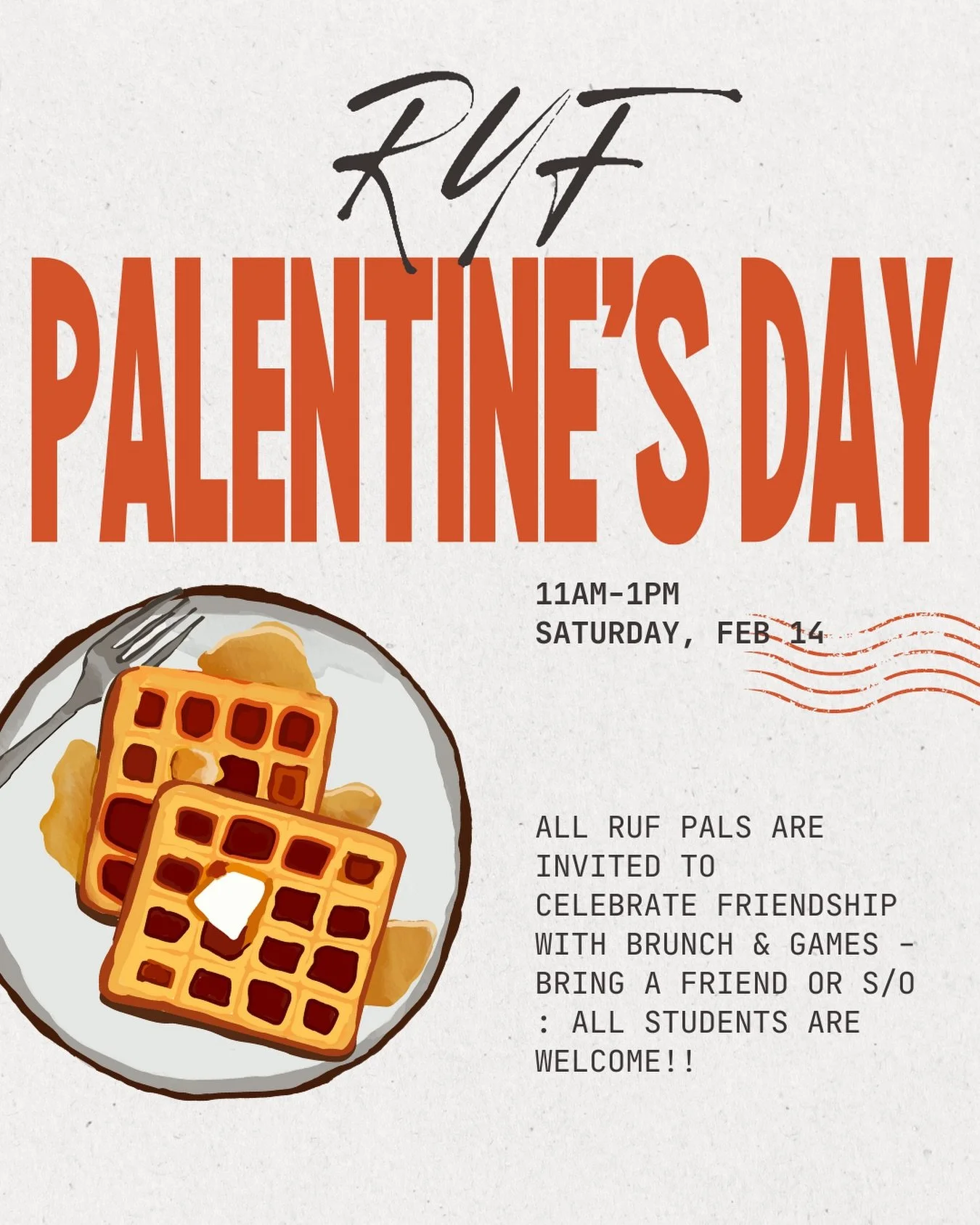 📣 CALLING ALL RUF PALS!! Join us for brunch, games, &amp; friendship THIS Saturday from 11-1 in the basement of Marsh Chapel! Bring a friend and/or significant other and let&rsquo;s celebrate Valentine&rsquo;s Day and friendship together! 

RSVP by 