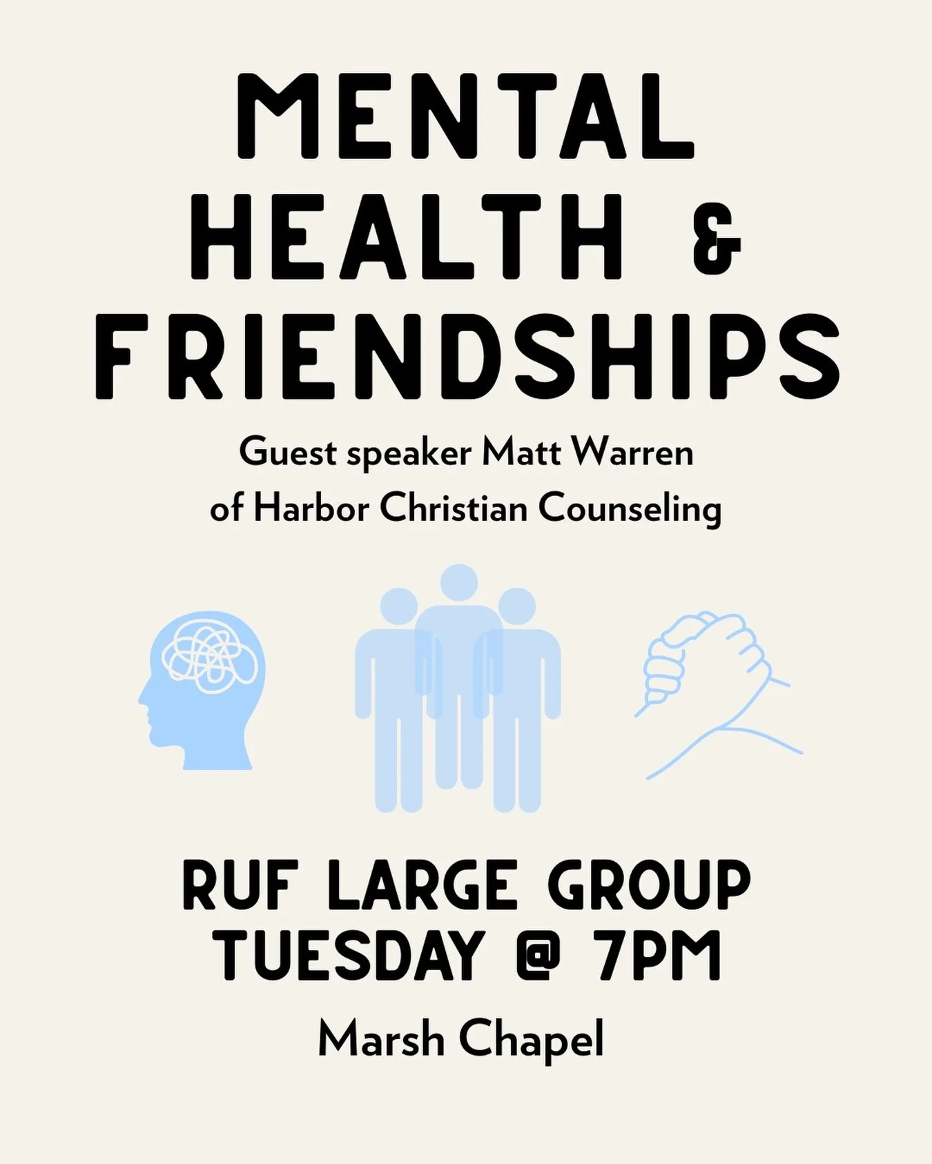 After a week off, we&rsquo;re back at it with Large Group in Marsh Chapel TONIGHT 3/3 from 7-8:30!! 🎉🎉🎉 Come a little early for dinner and fellowship. All are welcome! 

Tonight we have a special guest speaker from a local counseling practice, Har