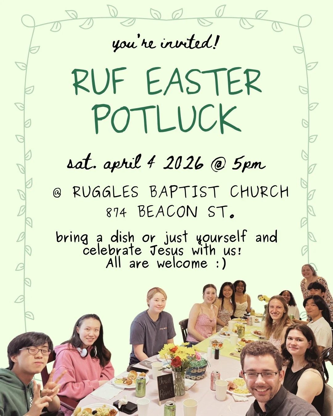 it's almost Easter!! everyone is welcome to a potluck dinner at Ruggles Baptist church Saturday April 4. Bring a dish, a drink or just yourself (signup sheet in bio!) Bring a friend and pull up!! 🐣✝️🌷 RSVP in GroupMe.