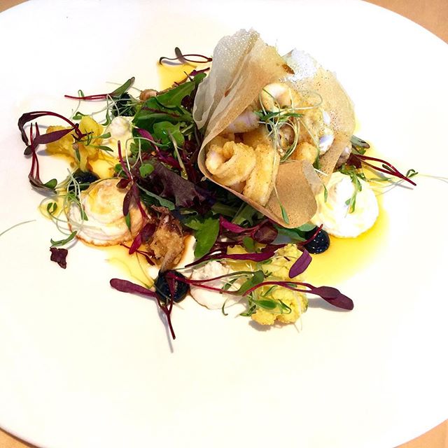 Flash fried baby squid, cauliflower brandade, cauliflower & saffron pickle, squid ink aioli, curry oil, tender baby leaves and micro coriander. Pairing wine Doolhof Cape Crane Chenin Blanc 2015. Ratings, Food 9/10 and Wine 4/10. The meal was amazing but the wine did not pair well. The meal overpowered the wine.