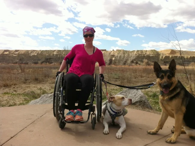 Me walking 2 dogs from my everyday wheelchair using standard leashes.