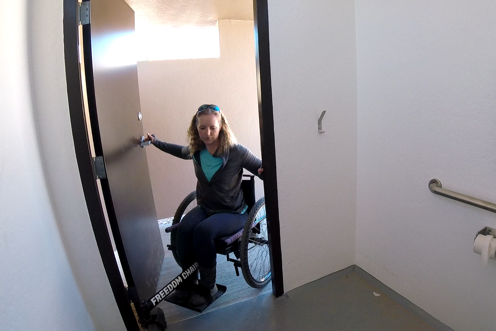 The GRIT Freedom Chair can fit into all ADA accessible spaces, including bathrooms