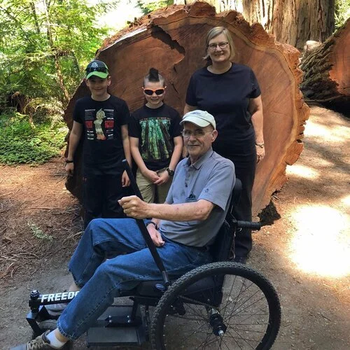 “I live in FL and have been using my “wheels” for several months practicing for our big adventure—we just got home Sunday from WA, OR, and CA. I used the my chair to put my tires in the Pacific Ocean (sea level), Oregon, to Mt. Rainier (at 10,500 feet above sea level), Washington, and through the redwoods in California. On occasion, I had help from my son and wife (occasionally our grandkids too) who would push me uphill, but my wheels made the adventure so much better Now back in FL going at it, 5 days a week.” —Dan