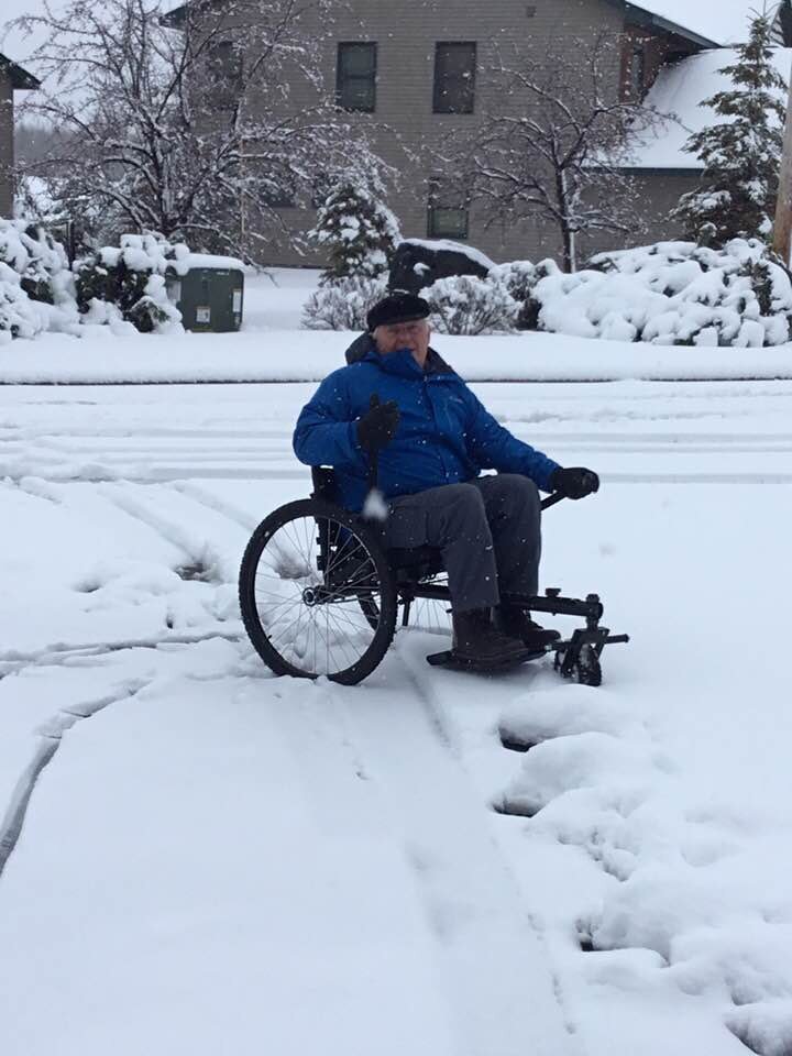 “Works okay pushing through the wet heavy snow.” —George, bundled up and using his Freedom Chair to enjoy a post-storm outing through some tough snow!