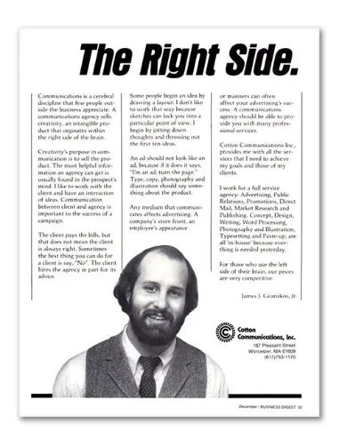  CLIENT:&nbsp;Cotton Communications &nbsp;| &nbsp;AGENCY:&nbsp;In-house &nbsp;| &nbsp;YEAR:&nbsp;1982 TYPE: Business development advertorial&nbsp;&nbsp;| &nbsp;PUBLICATION:&nbsp; Business Digest&nbsp;  