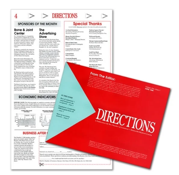  CLIENT: Huntsville Chamber of Commerce &nbsp;| &nbsp;AGENCY: The Advertising Store YEAR: 1990 &nbsp;| &nbsp;PUBLICATION:&nbsp; Directions— a monthly membership newsletter 