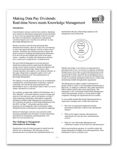  CLIENT: Retrieval Technologies &nbsp;| &nbsp;AGENCY: In-house &nbsp;| &nbsp;YEAR: 1999 TYPE: White paper, "Real-time News meets Knowledge Management" 