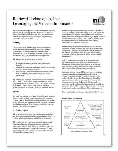  CLIENT: Retrieval Technologies &nbsp;| &nbsp;AGENCY: In-house &nbsp;| &nbsp;YEAR: 2000 TYPE: White paper, "Leveraging the Value of Information" 
