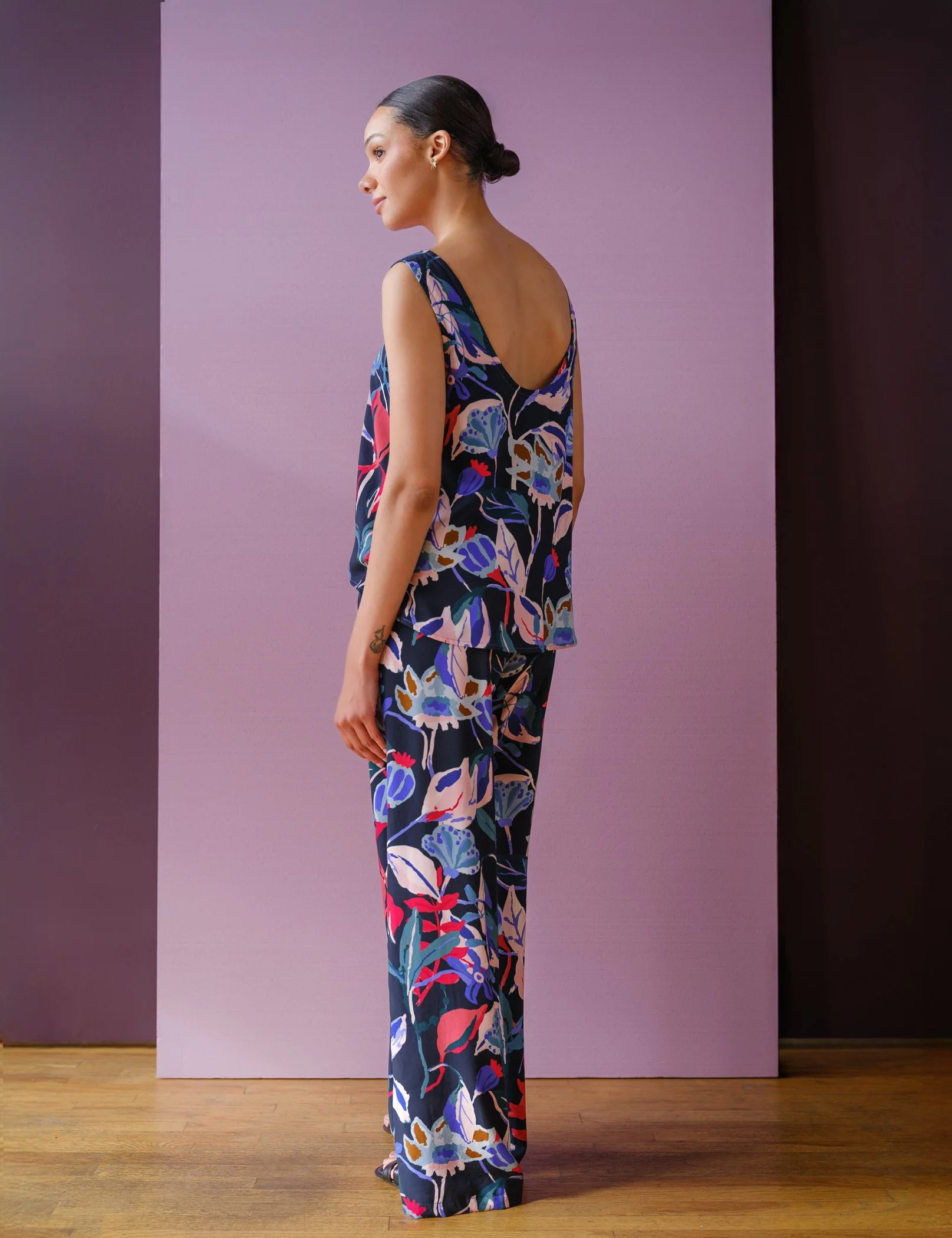 Luzon pants by Sophia Reyes midnight ruby florals