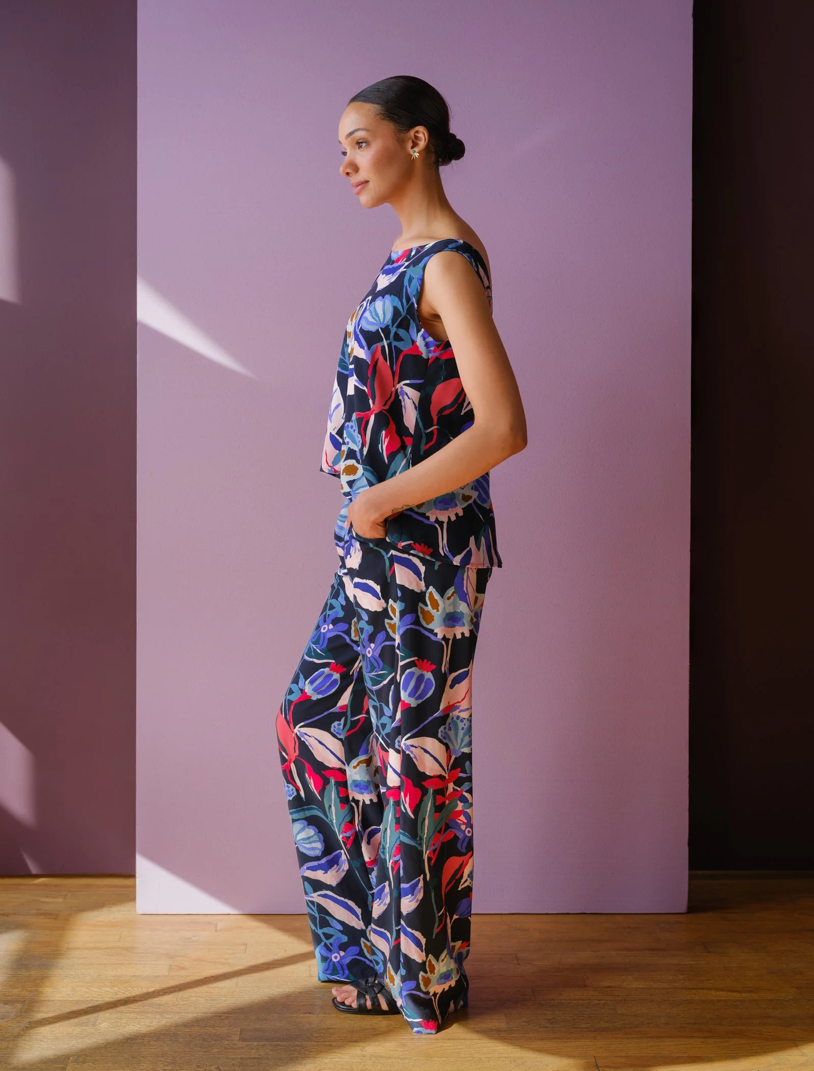 Luzon pants by Sophia Reyes midnight ruby florals