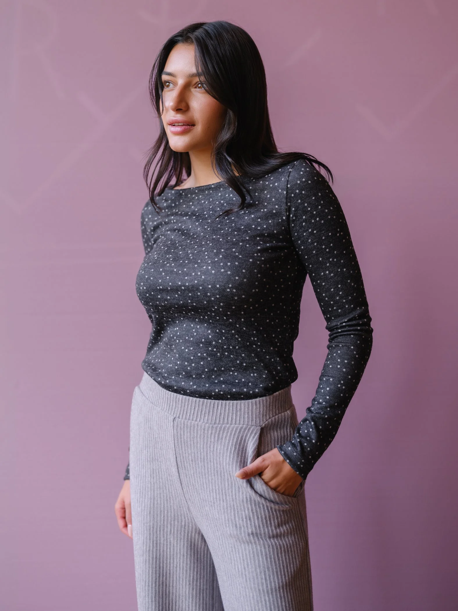 grey polkadot boatneck top by Sophia Reyes