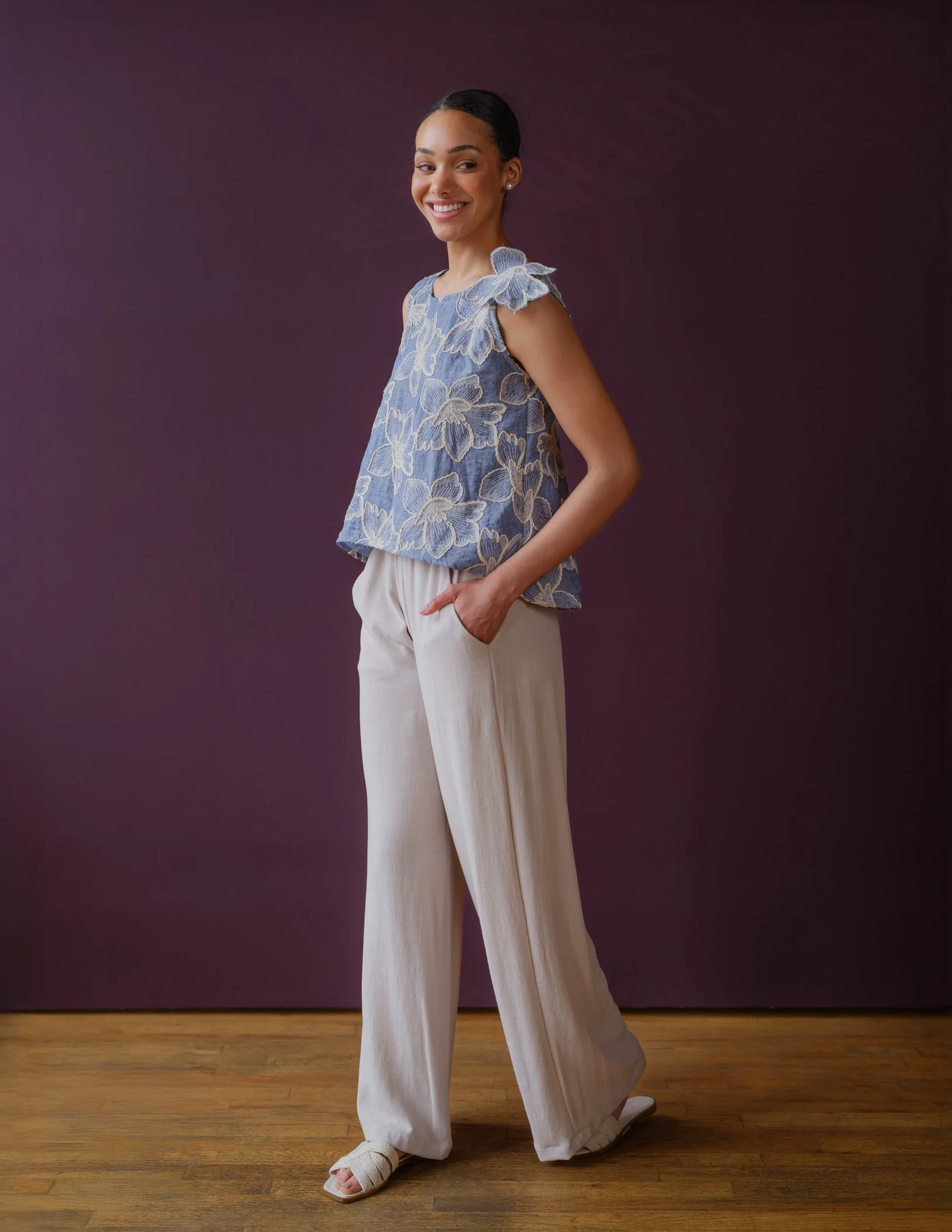 chambray floral top by Sophia Reyes