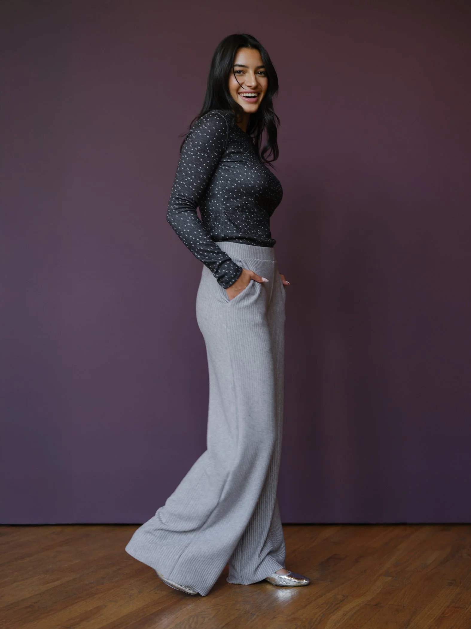 grey polkadot boatneck top by Sophia Reyes