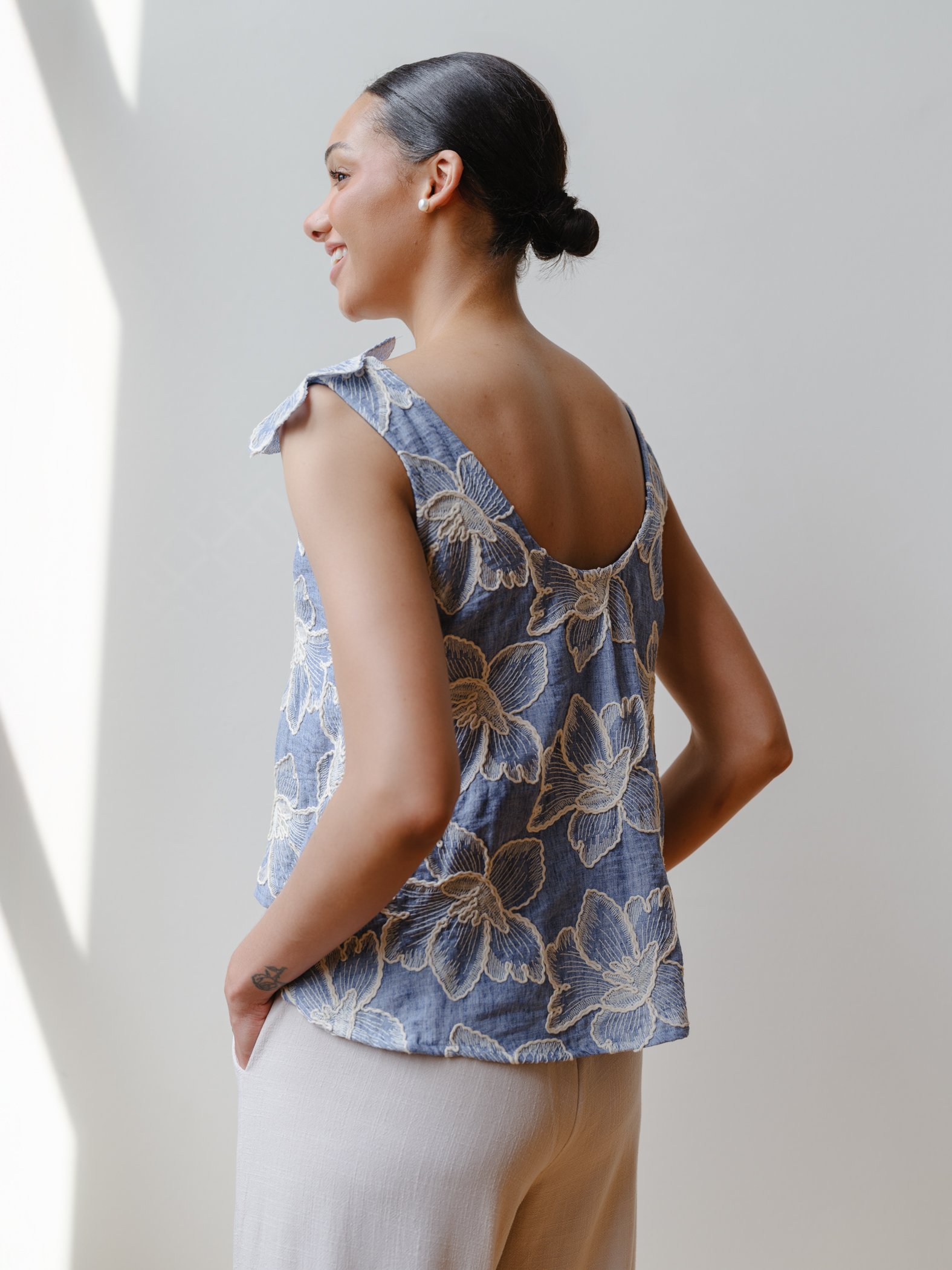 chambray floral top by Sophia Reyes