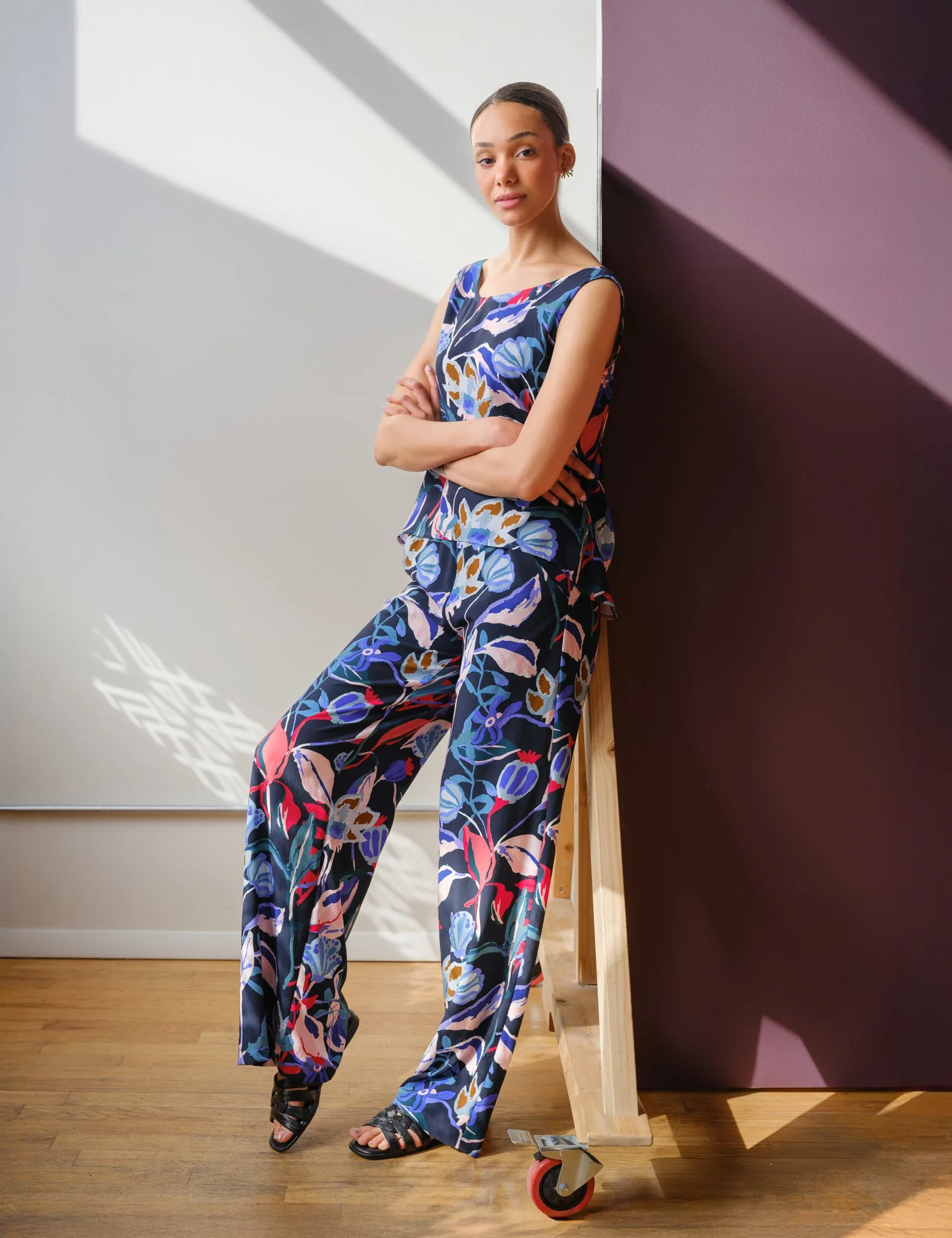 Luzon pants by Sophia Reyes midnight ruby florals