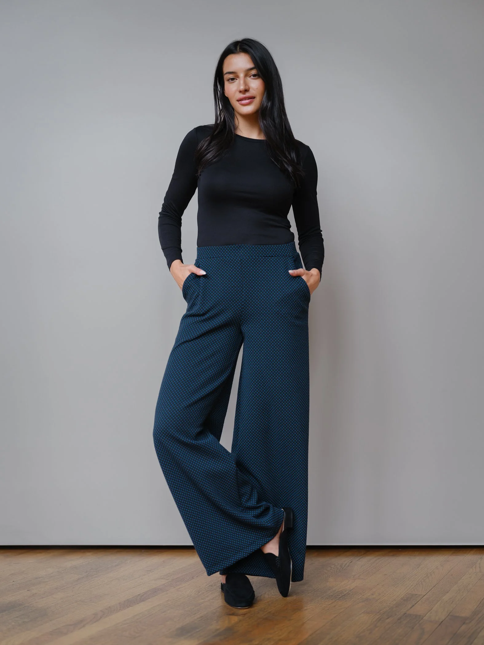 wide leg polkadot work pants by Sophia Reyes