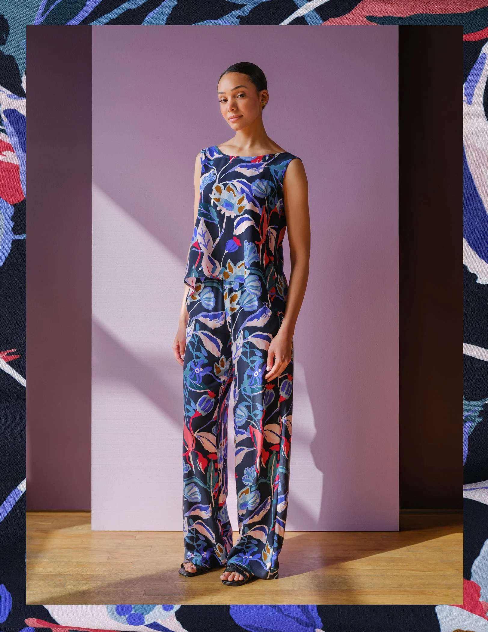 Luzon pants by Sophia Reyes midnight ruby florals