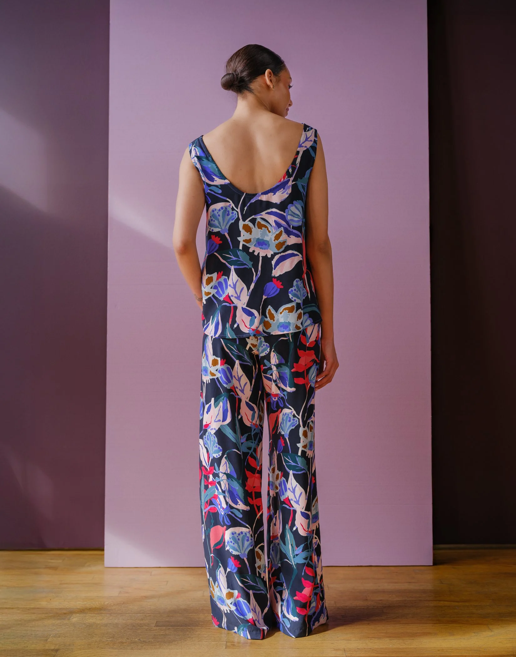 Luzon pants by Sophia Reyes midnight ruby florals
