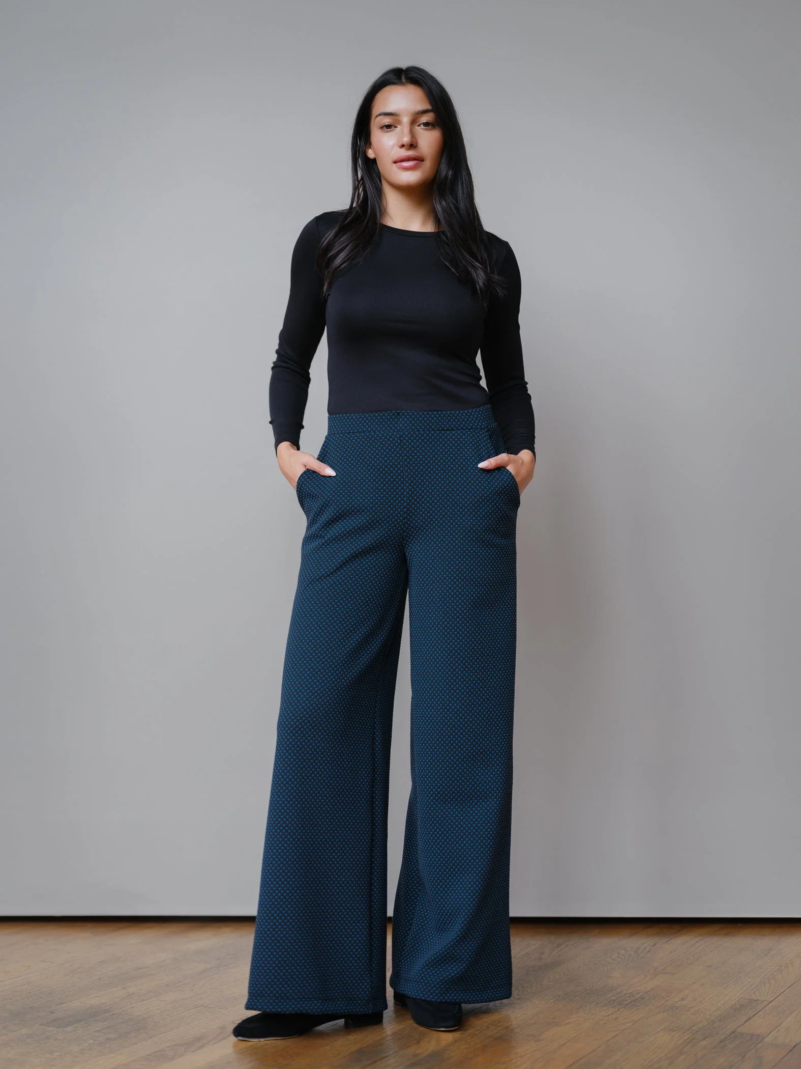 wide leg polkadot work pants by Sophia Reyes