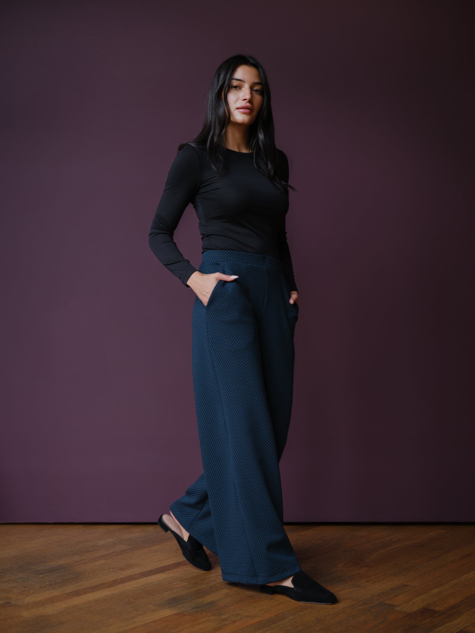 wide leg polkadot work pants by Sophia Reyes