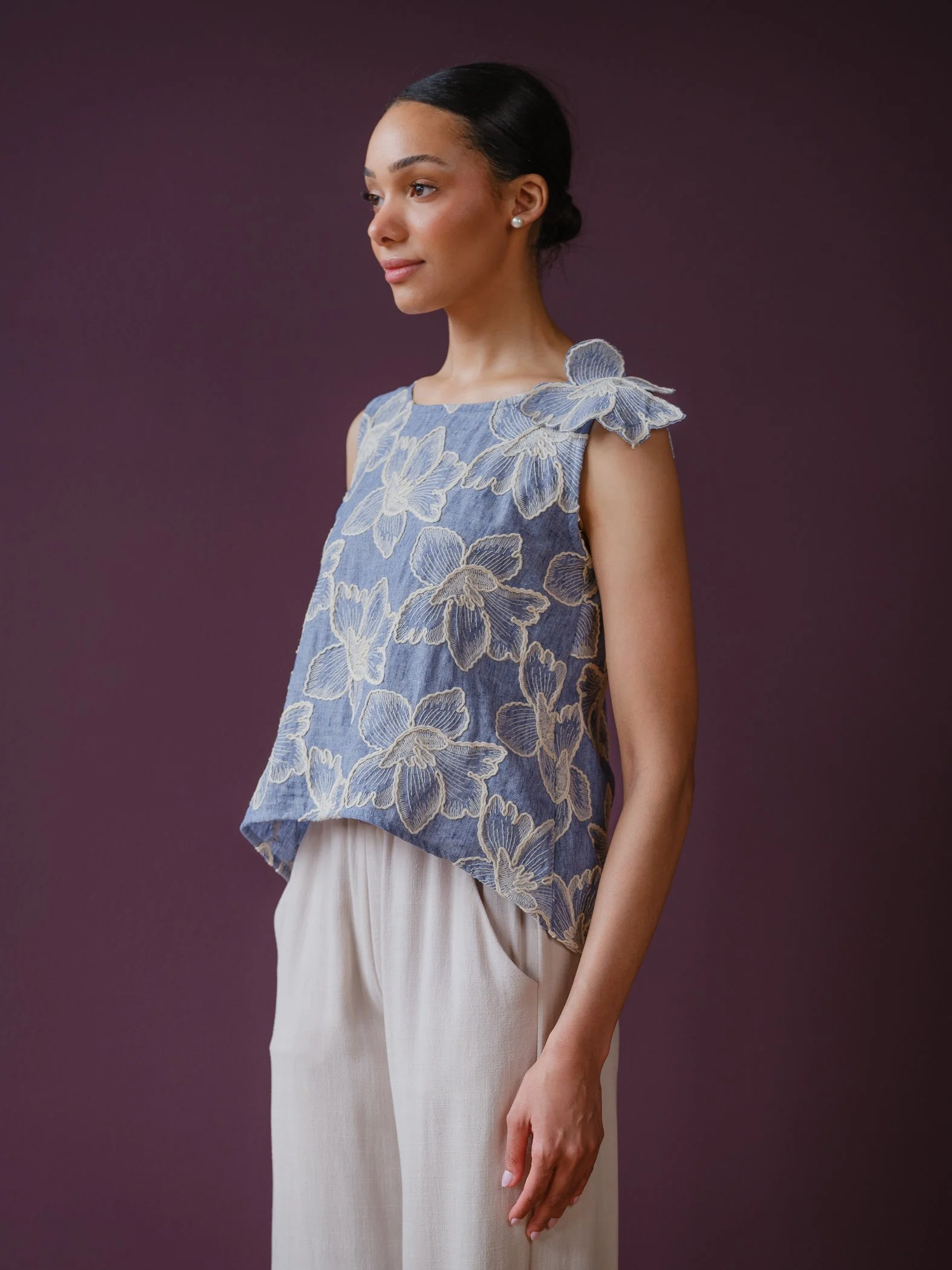 chambray floral top by Sophia Reyes