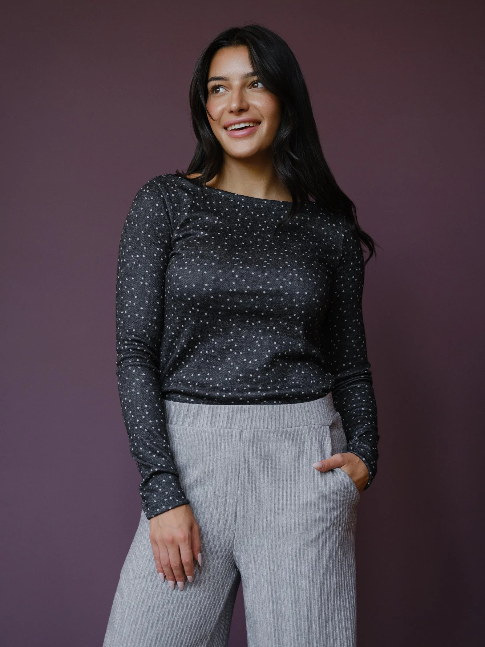 grey polkadot boatneck top by Sophia Reyes