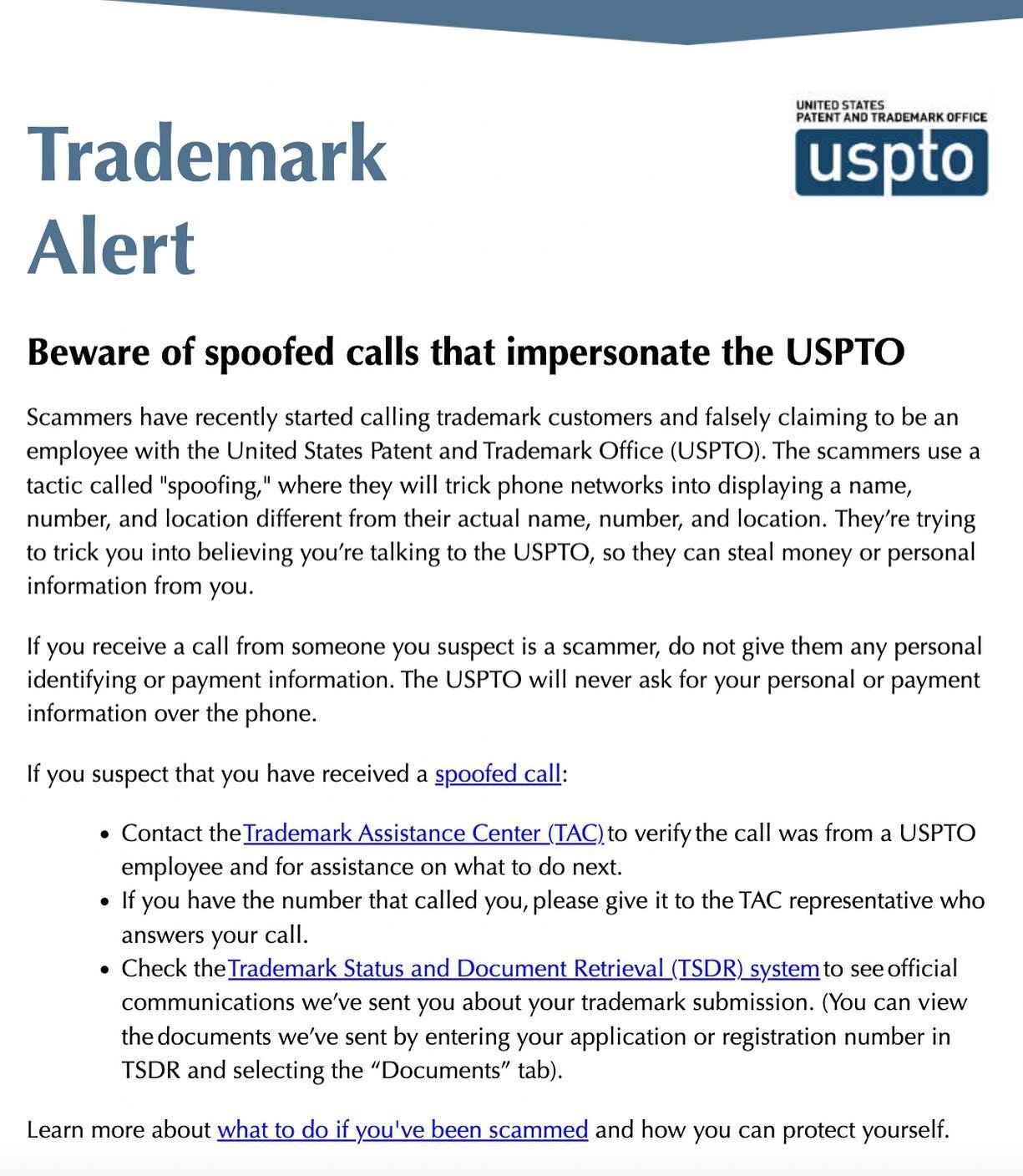 Be aware‼️ You may be used to paper solicitations for trademark-related products and services, however we have recently been alerted of phone solicitations. As a reminder:
✔️ The USPTO will not call you directly! 
✔️ If the USPTO emails you, we will 