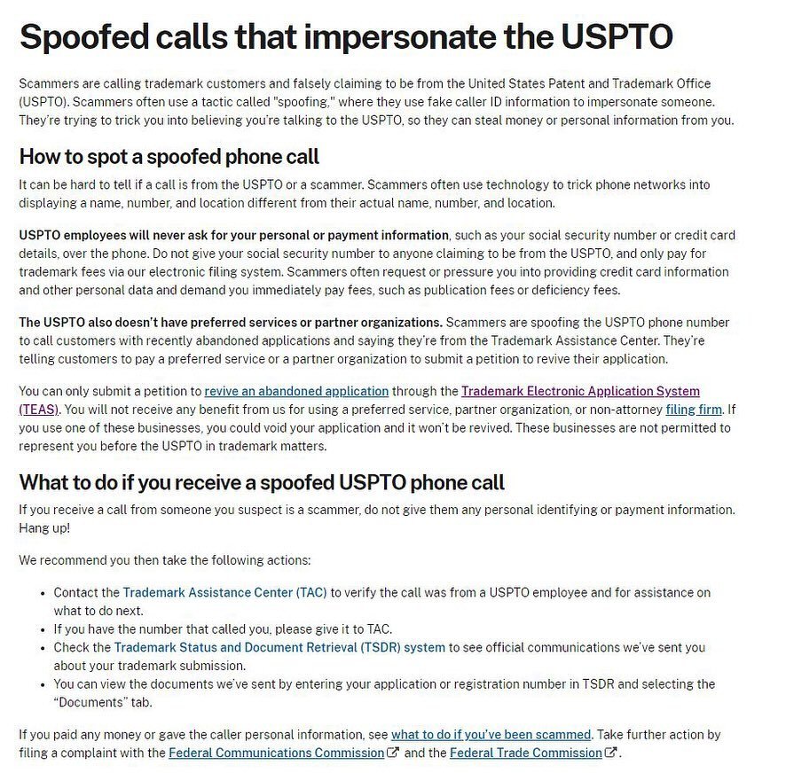 Scams utilizing the public information included in trademark filings have been around for A LONG TIME. In the past few months, the scammers have been getting even bolder with phone scams impersonating USPTO examiners and employees using phone numbers