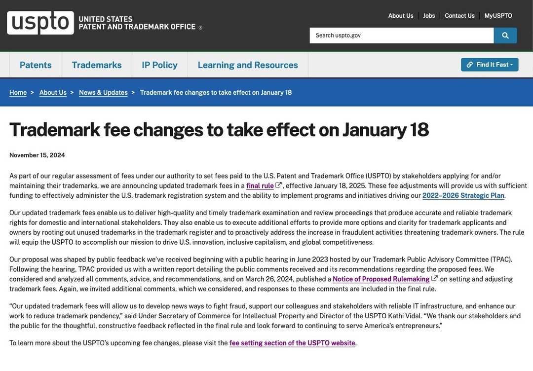 The USPTO has announced a final rule implementing increased fees effective January 18, 2025. To ensure smooth processing of your filings, please note our internal deadline of January 15, 2025.
Why the early deadline? This gives our team time to accur