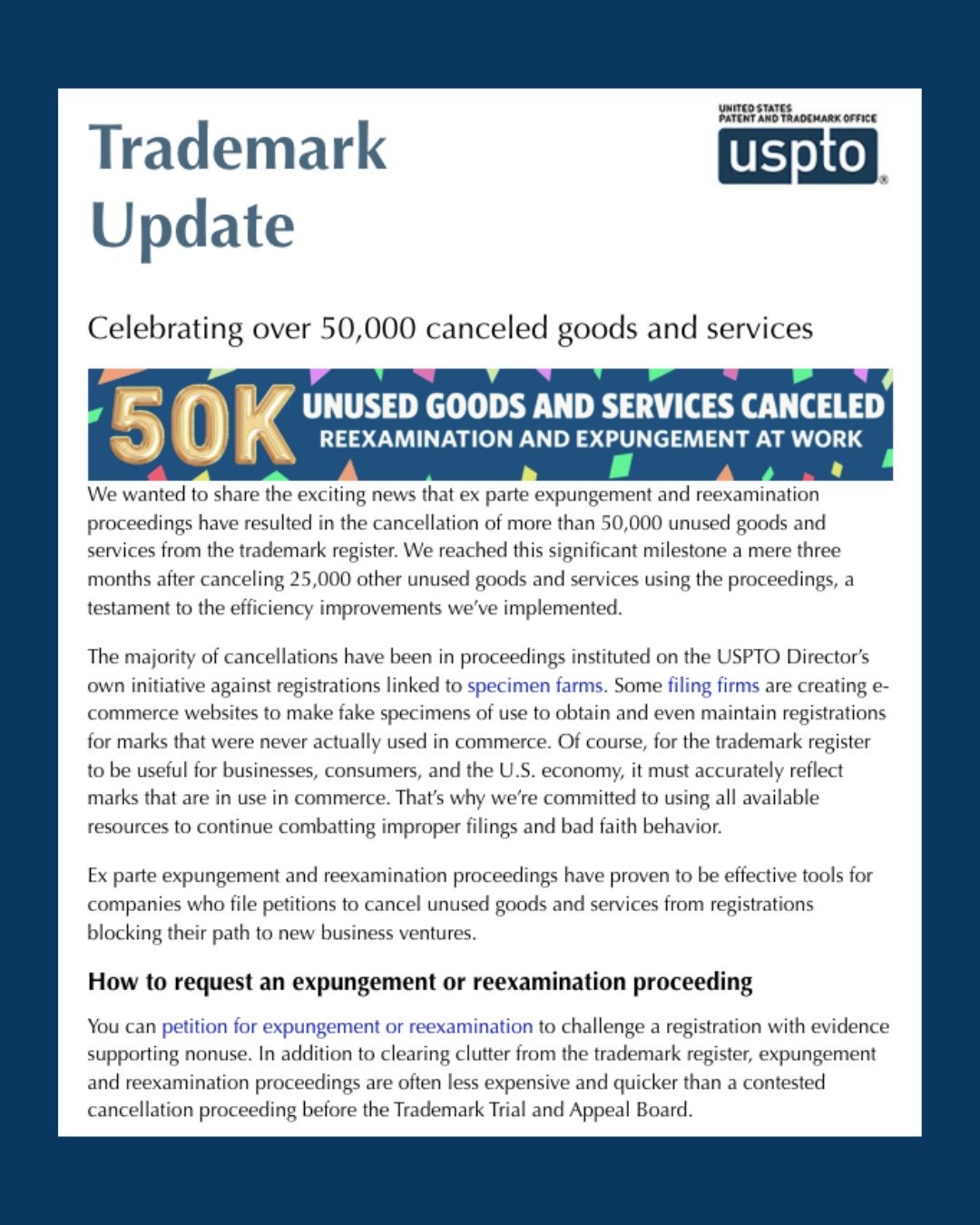 From 25,000 canceled goods & services in January to over 50,000 in May! The USPTO is rapidly accelerating efforts to declutter the trademark registar through Expungement and Reexamination proceedings, targeting "specimen farms" AKA fake