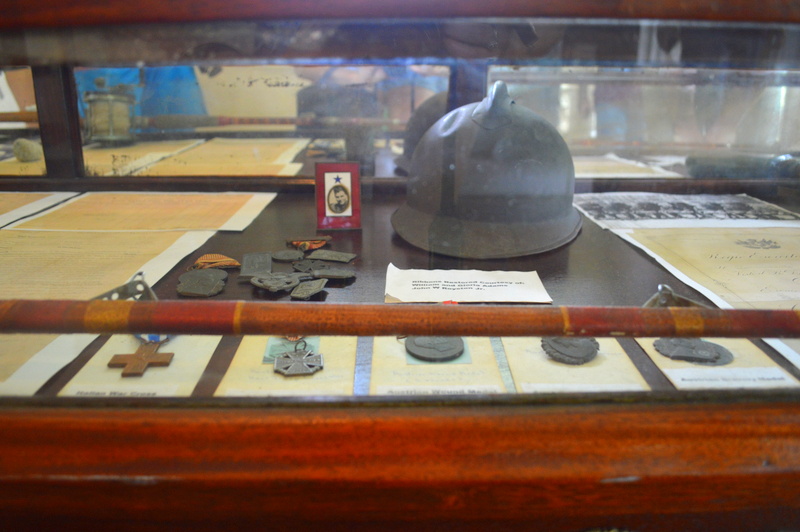 Hemingway's helmet and war medals. 