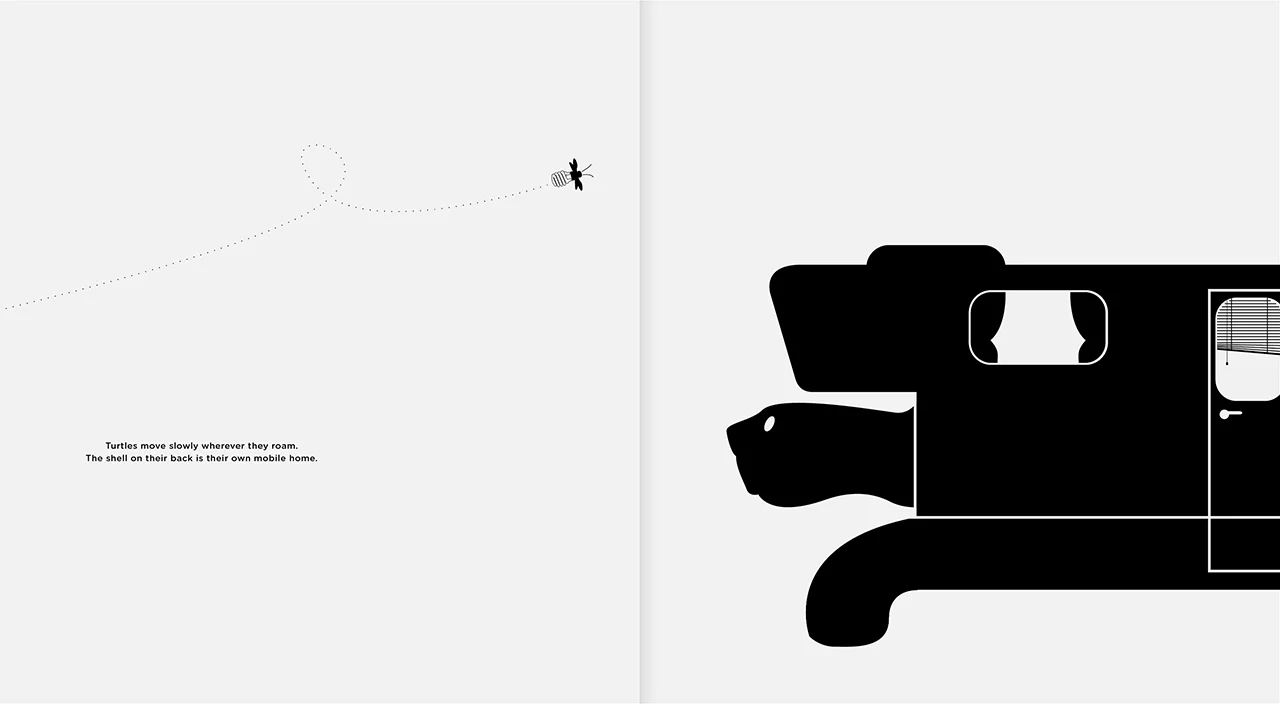 Turtles move slowly wherever they roam. / The shell on their back is their own mobile home.