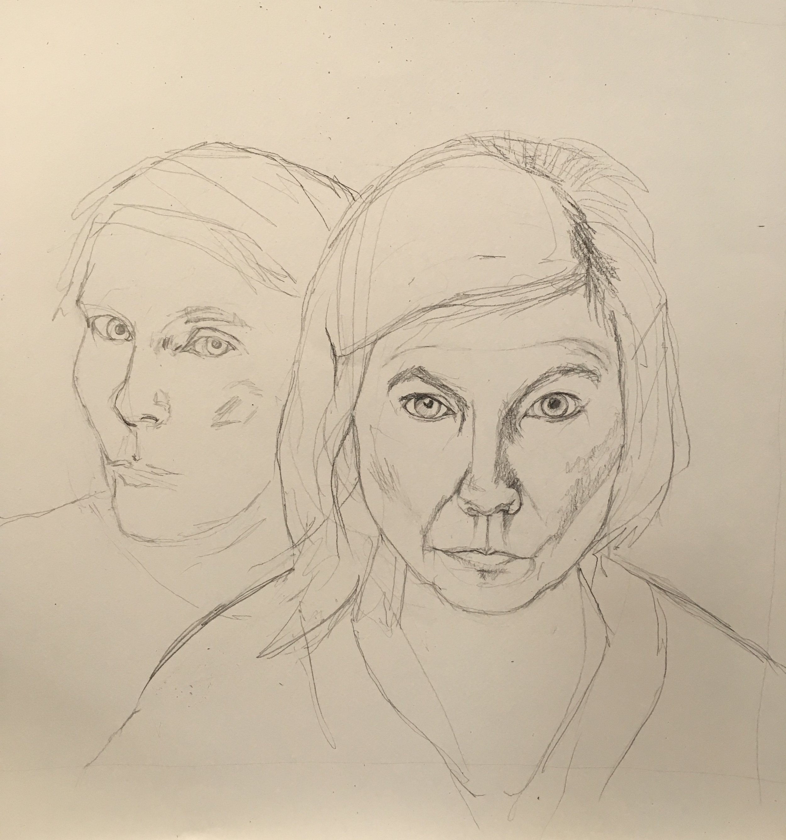 This drawing is a double self portrait. in the background a drawing from a photograph i took in a mirror - not long after I came out of hospital. in the foreground a portrait from life 8 months later. The woman in the photo looked raw, thin faced, with a fearful look in her right eye. I wanted to document any changes since then. This idea will probably form the basis of a painting. 