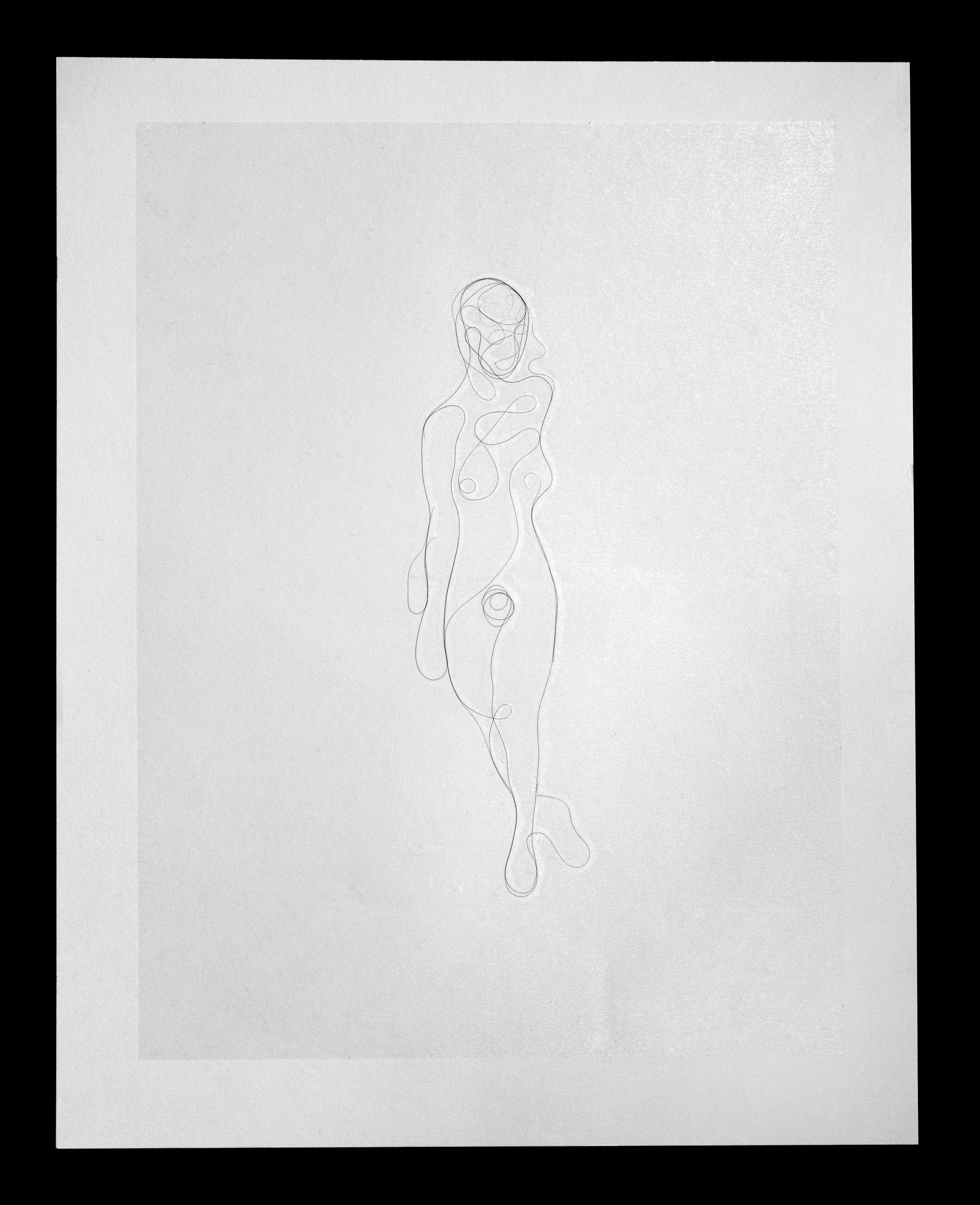 Coquettish Nude, Artist's hair on paper with adhesive overlay, 11x14, 2017