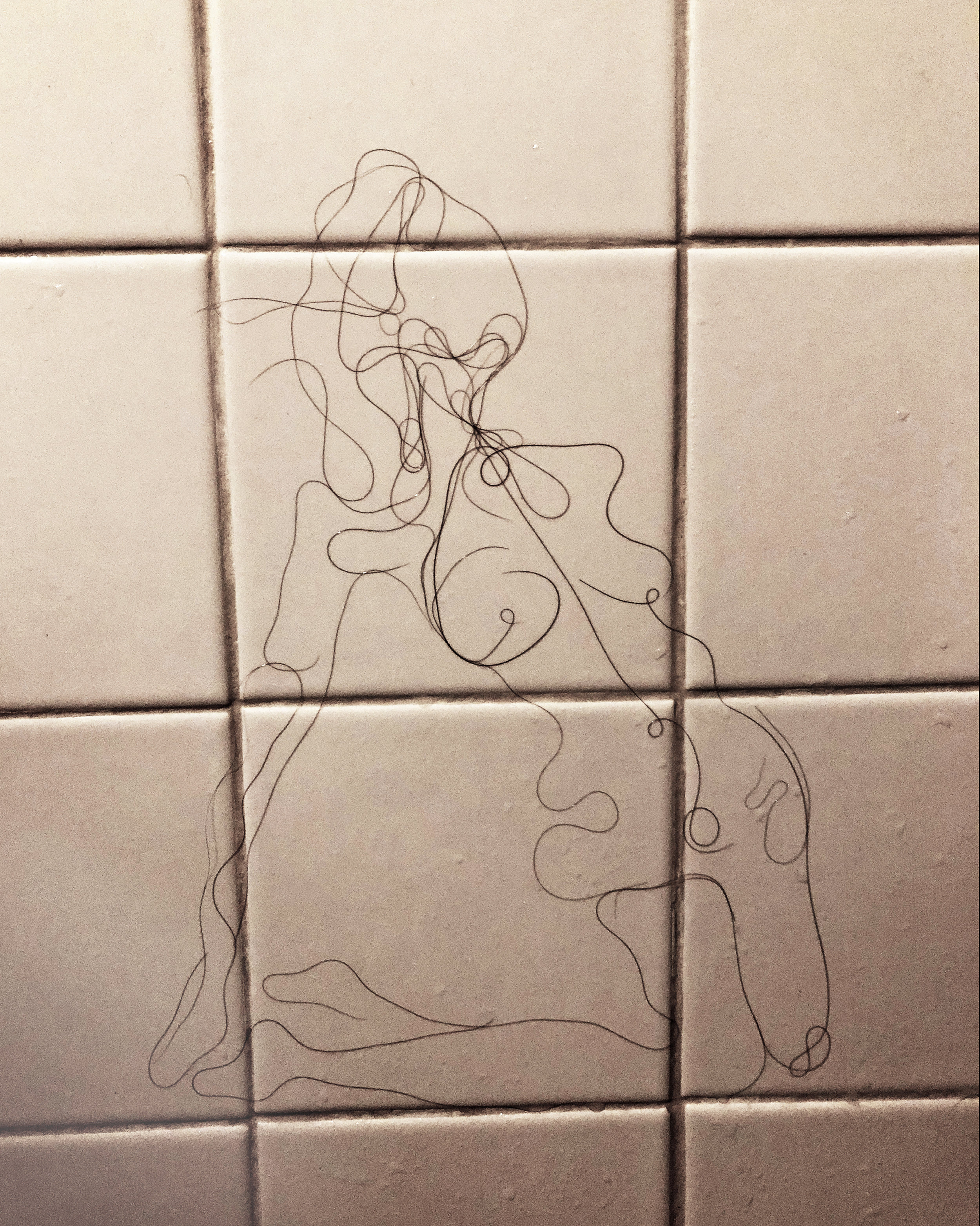 Nude Bending Backwards, Artist's hair on ceramic, 8x10, 2018
